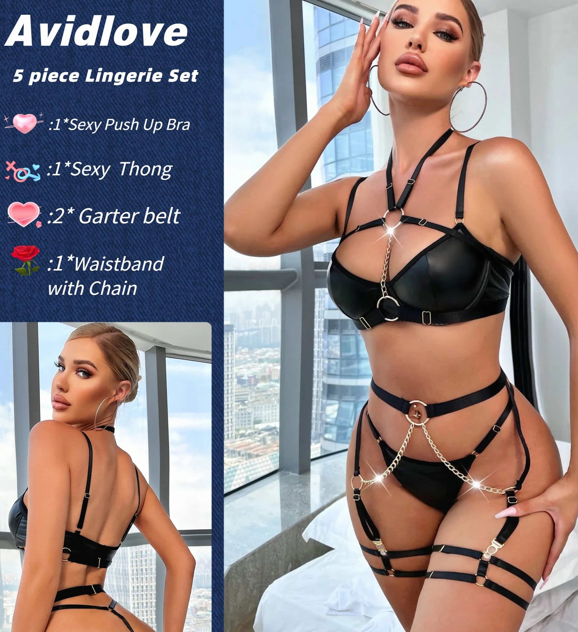 Avidlove Zestaw bielizny damskiej z lateksu, seksowna bielizna erotyczna, skórzana bielizna push-up, biustonosz z fiszbinami, 6-częściowy zestaw ze stringami G i paskiem do pończoch