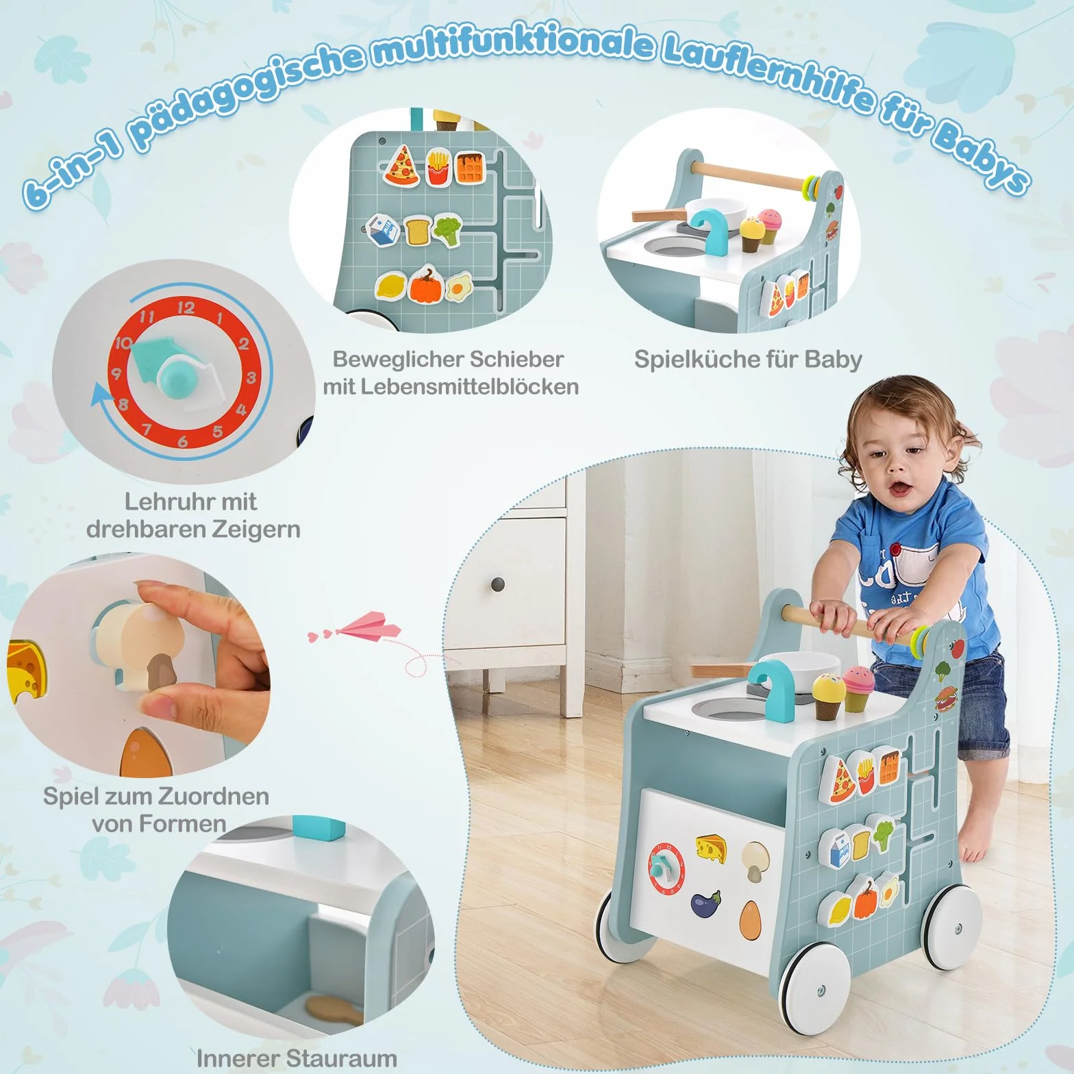 COSTWAY Drewniany wózek do nauki chodzenia 6 w 1, pomoc w nauce chodzenia z kuchnią do zabawy, zegarem do nauki, dopasowaniem kształtu i ruchomym suwakiem, kuchnia dziecięca Baby Walker z kółkami, dla