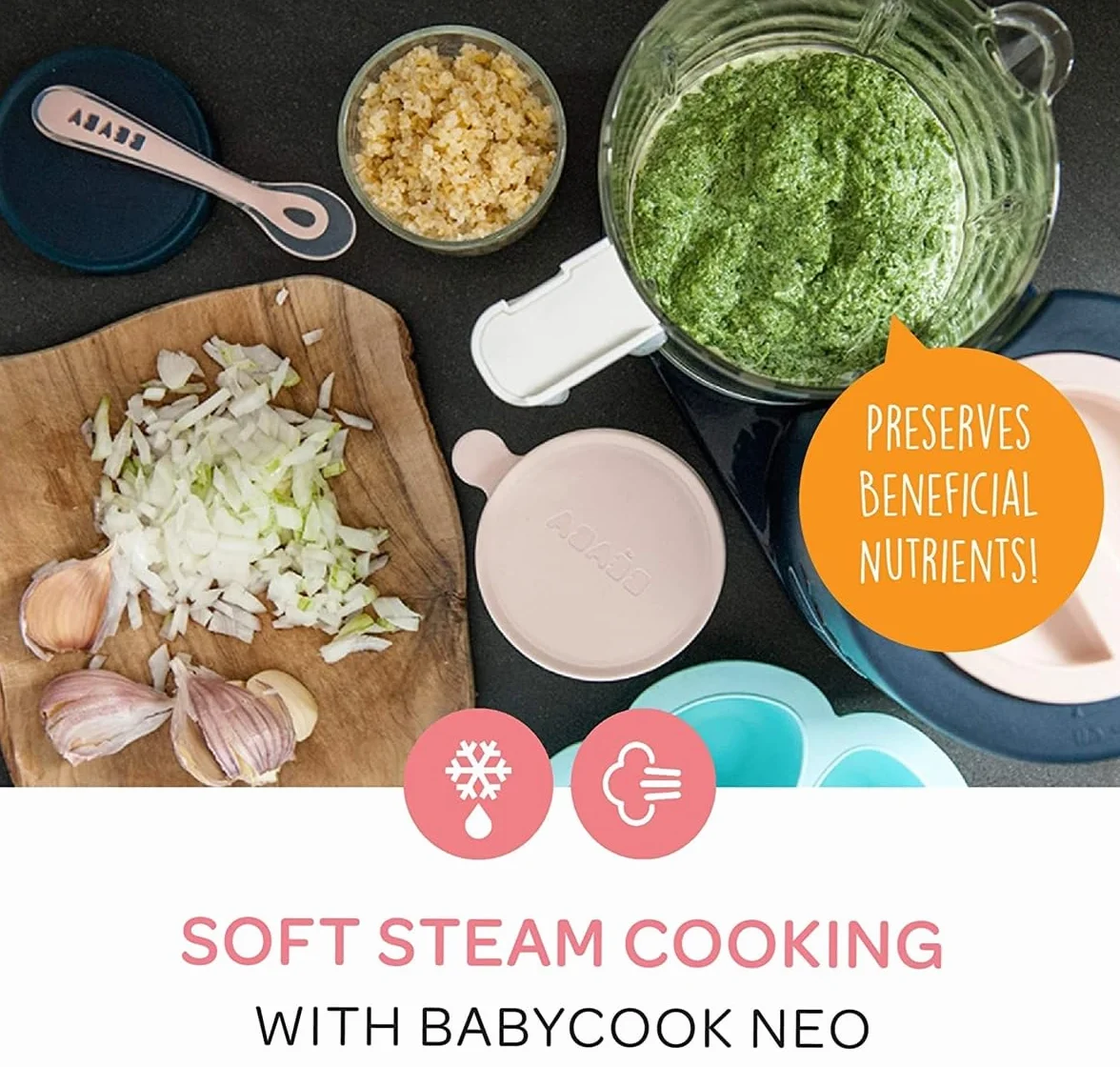 Béaba - Babycook Neo - Baby Food Maker - 4 w 1: Food Processor, Blender and Cooker - Soft Steamer Cooking - Quick Homemade Baby Food - Wyprodukowano we Francji - Szklana miska - Stal nierdzewna Tub -
