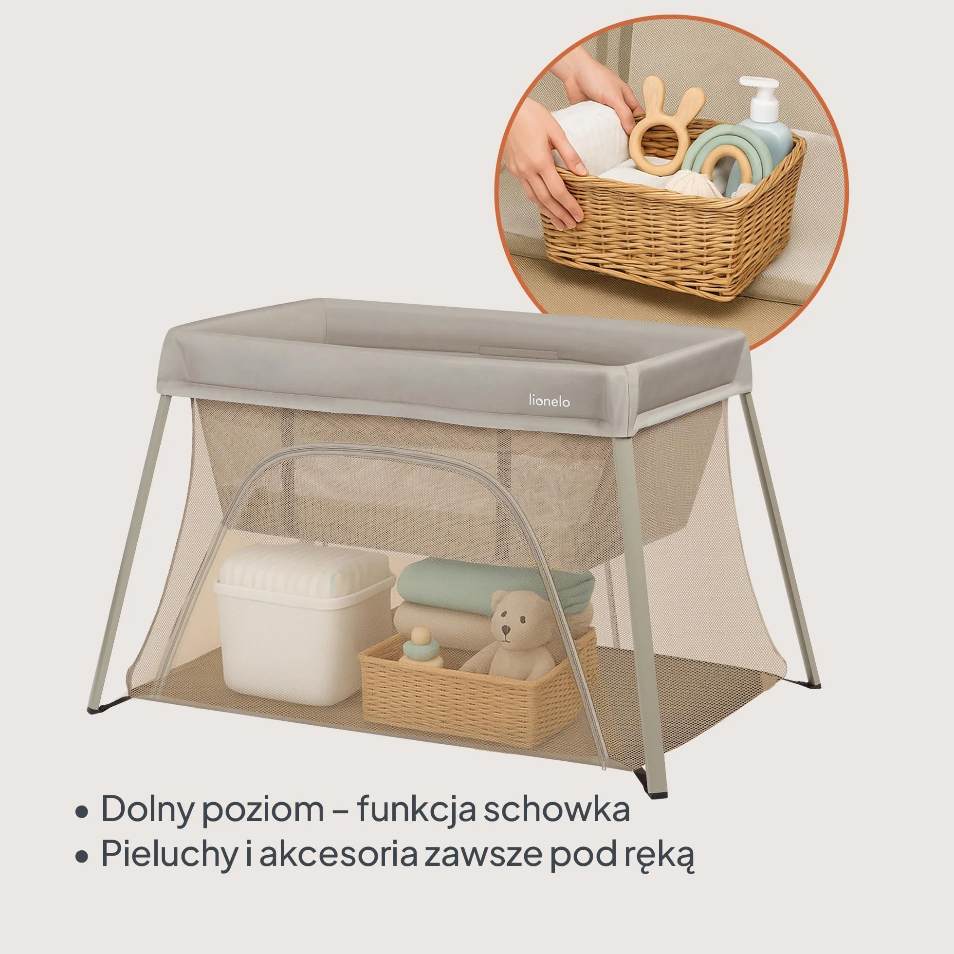 lionelo Łóżko podróżne do parku dziecięcego 3 w 1 Alicja 0-15 kg materac piankowy, 2 poziomy wysokości, składane, małe, lekkie, wejście boczne, torba podróżna (beżowy)