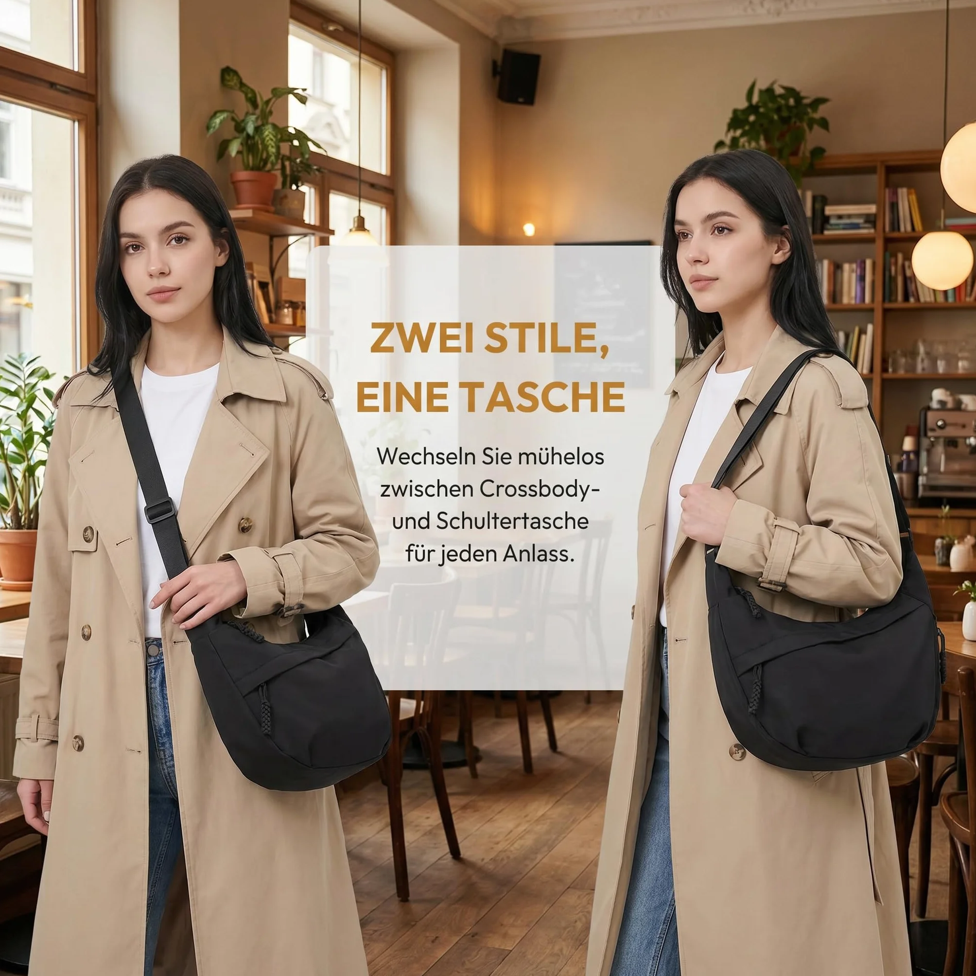 Damska torba na ramię, torba na ramię z regulowanym paskiem, nylonowa torba hobo, damska torba na ramię z półksiężycem do pracy, podróży, na co dzień (czarna)