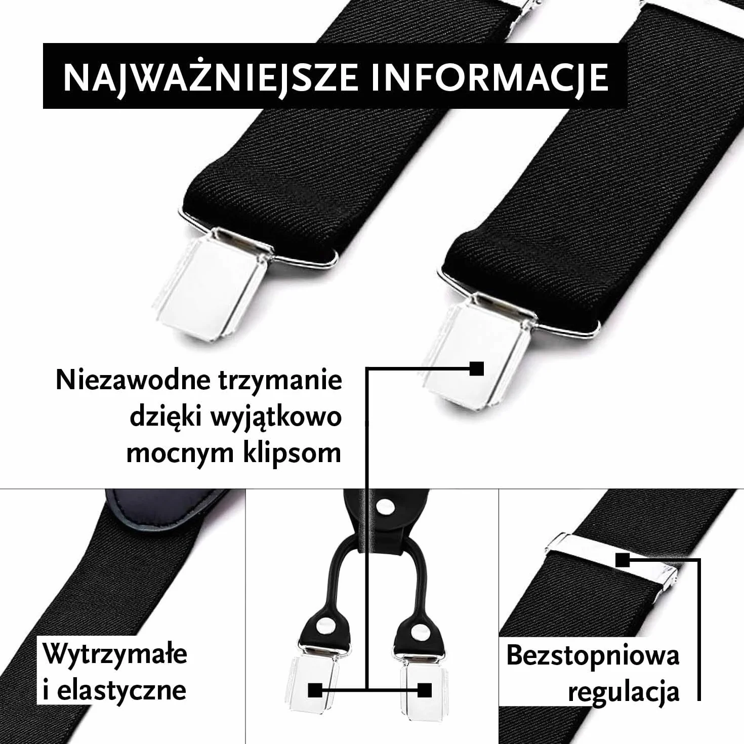 Szelki szerokość 3,5 cm 4 klipsy skóra krój Y elastyczne regulowane