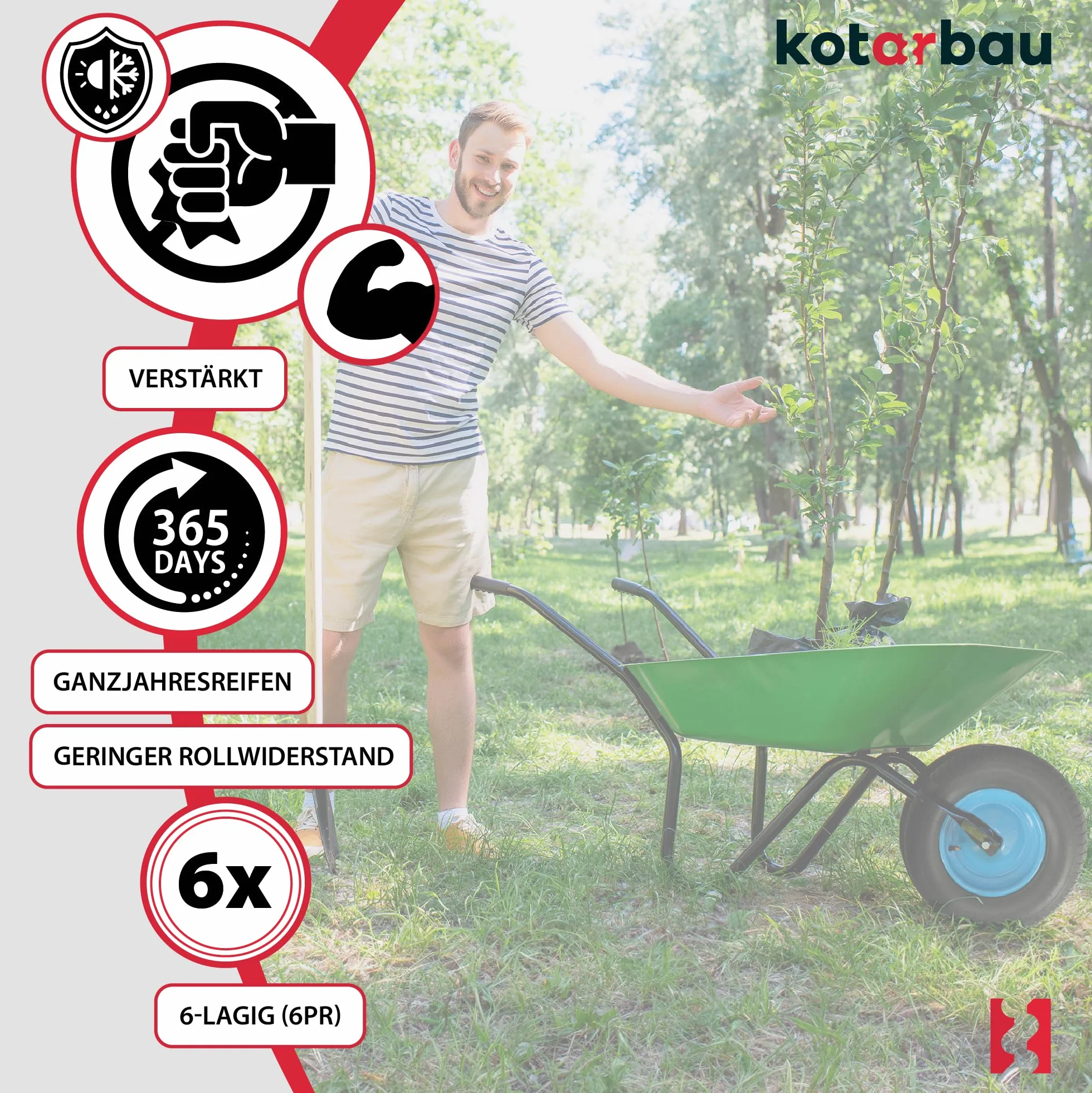 KOTARBAU® Koło do taczki z osią, płaszcz 4.80 4.00-8, koła do taczki, opony 4,80/4.00-8, koło do taczki 4.80/4.00-8, wzmocnione opony 6PR Ø 390 mm