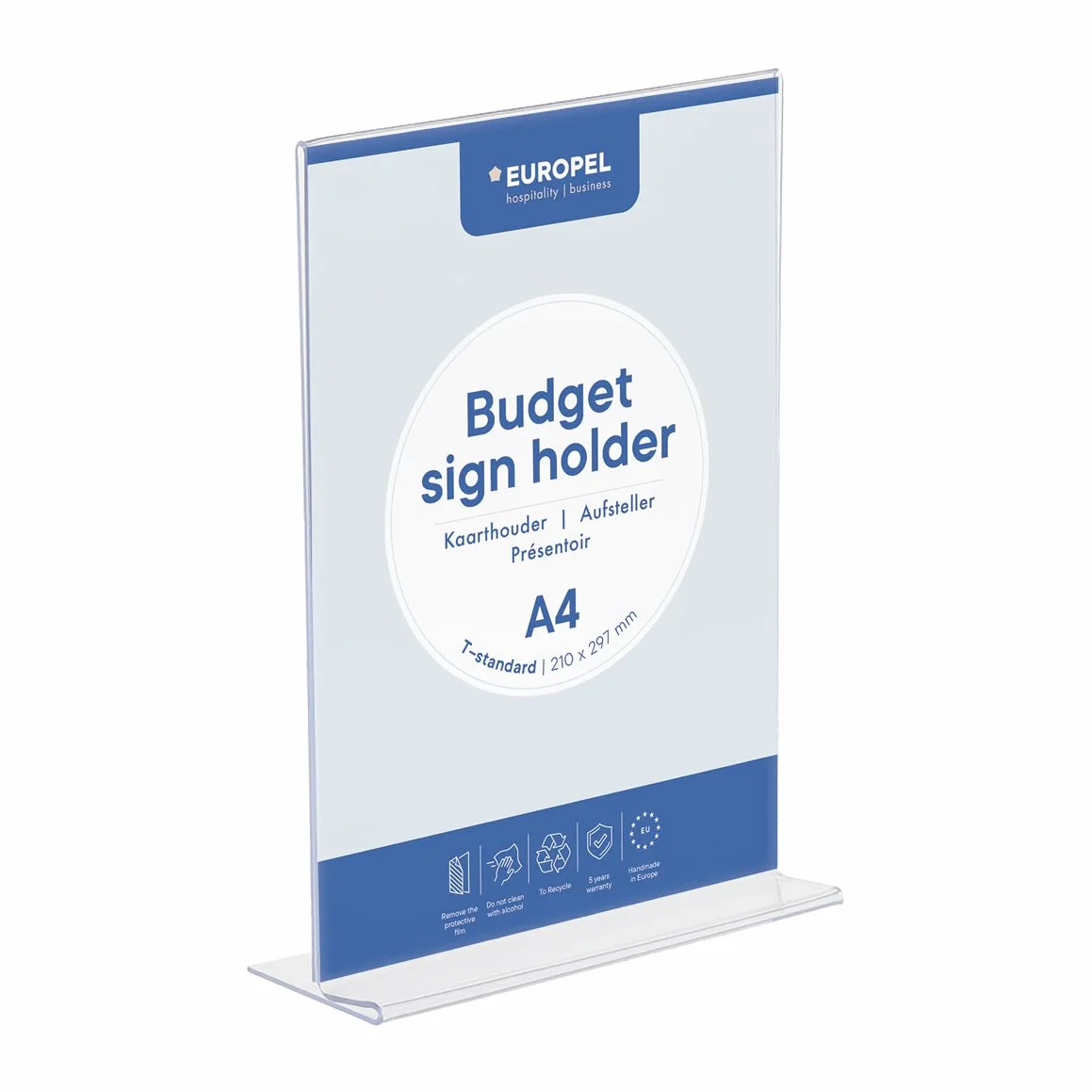 EUROPEL Stojak na tabliczki, standard T, format A4, przezroczysty polistyren 1,5 mm, stojak na menu i ulotki do restauracji, hoteli, konferencji i recepcji - wolnostojący i dwustronny