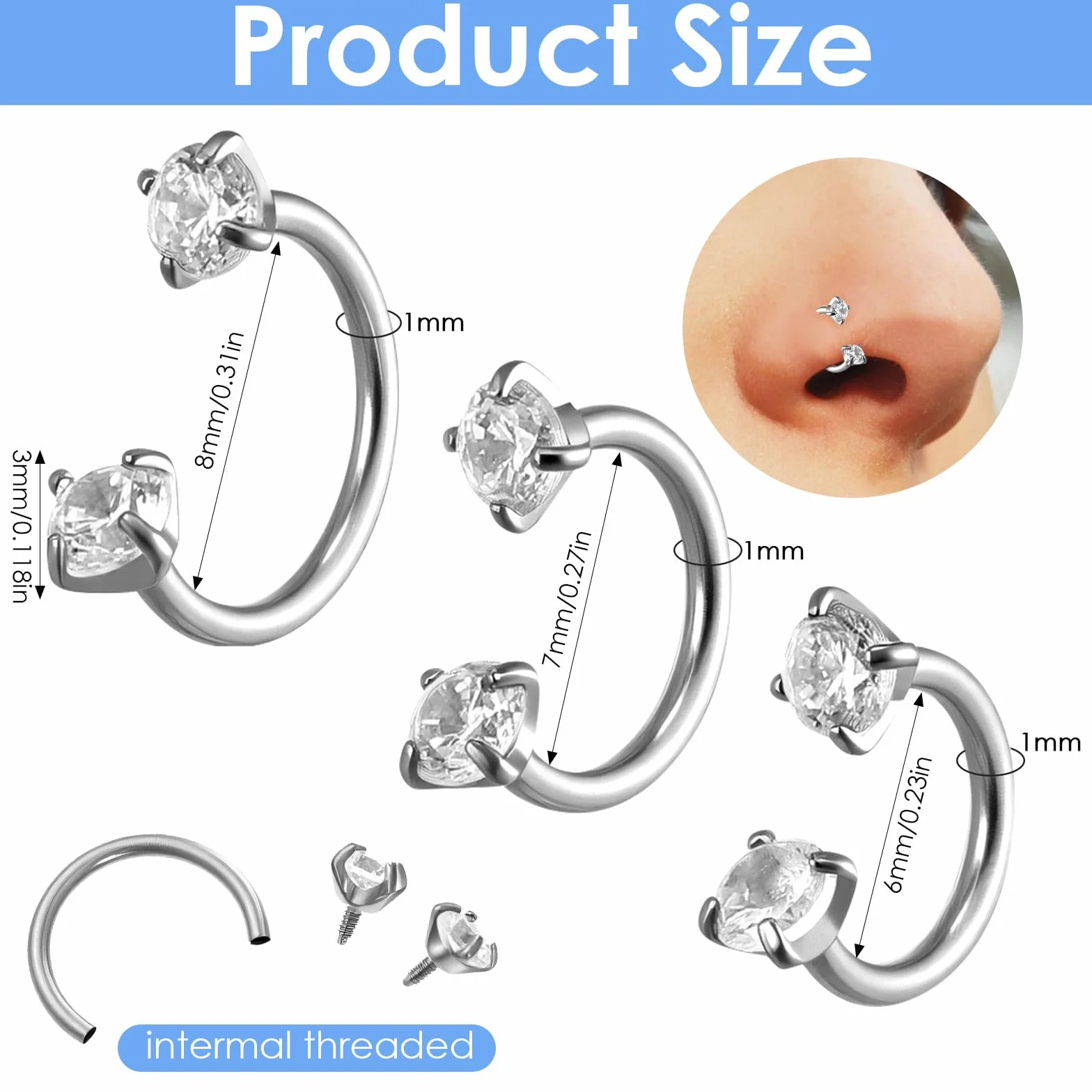 18 g kolczyk do nosa w kształcie podkowy, zestaw kolczyków do nosa, septum, 6 mm/7 mm/8 mm, tytanowy kolczyk do nosa, srebrny, z narzędziem chwytającym i igłą do piercingu z tyłu, helix