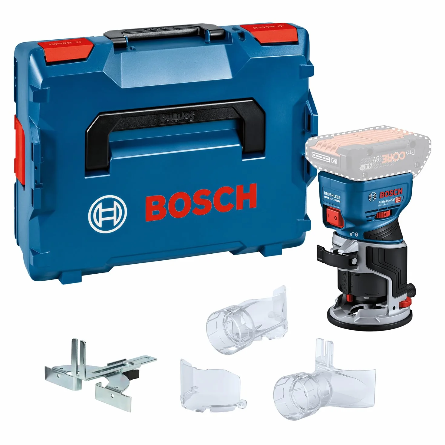 System profesjonalny 18 V firmy Bosch: frezarka akum. GKF 18V-8 (prowadnica równ., 2 adaptery do ods. pyłu – frezowanie, osłona przeciwodpr., tuleja zac. 8 mm, klucz, walizka L-BOXX, bez akum./ład.)
