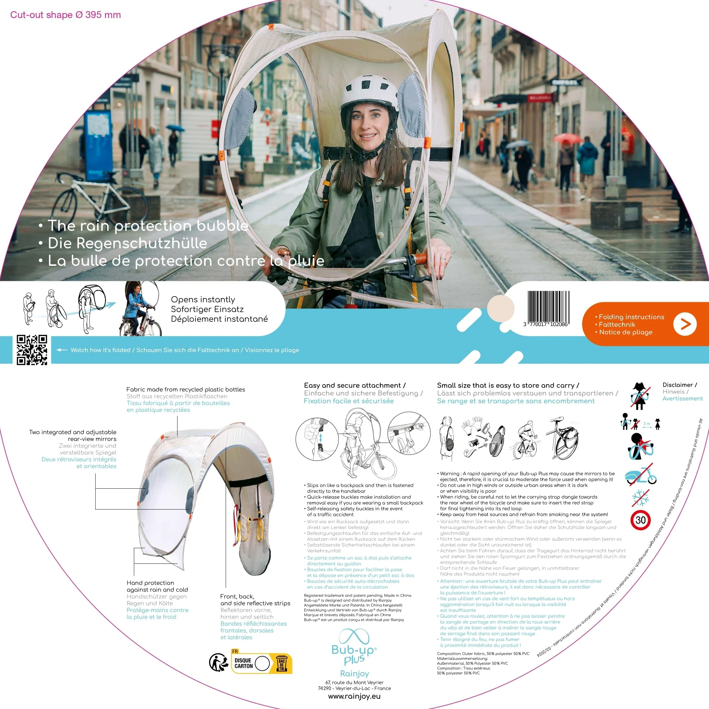 Bub-up Plus The Rain Protection w wersji Plus, która zastępuje odzież przeciwdeszczową (wodoodporna, kurtka, peleryna, parka, poncho...). Opcje dodatkowe w stosunku do wersji klasycznej.