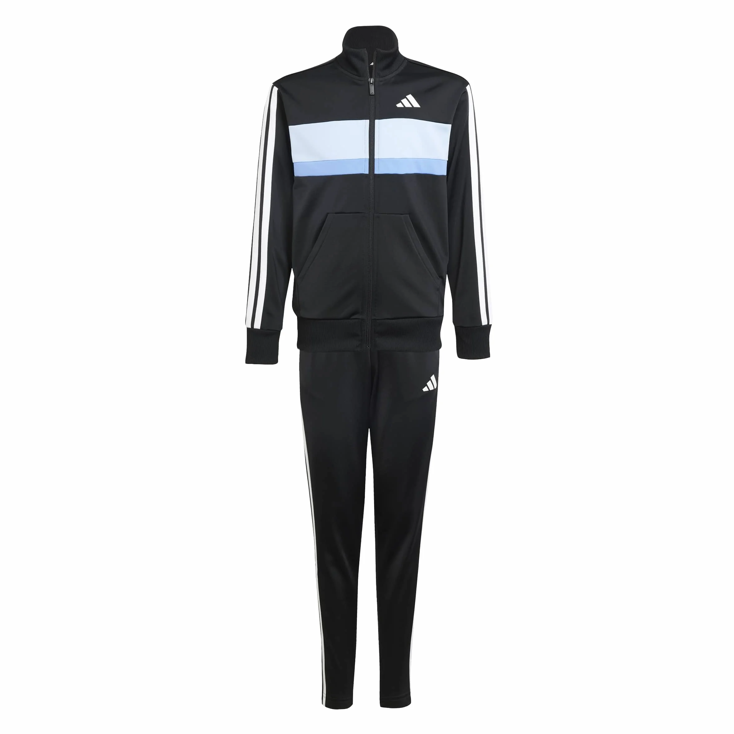 adidas Uniseks - dzieci SEASONAL ESSENTIALS TIBERIO 3 STRIPES TRICOT TRACKSUIT, black/glow blue/blue fusion/white, 9-10 Years