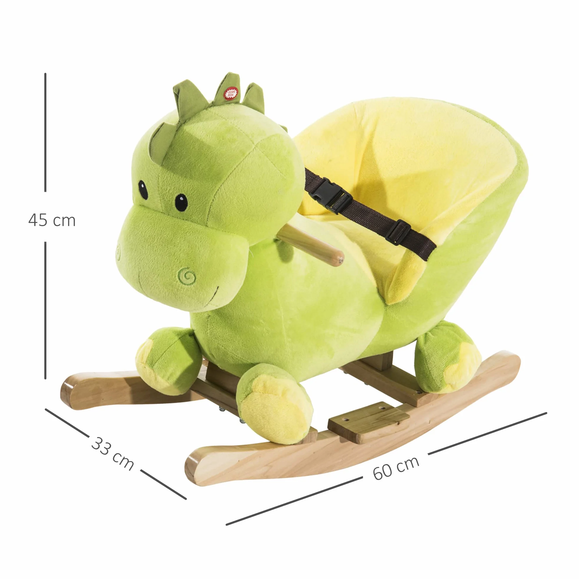 HOMCOM Zabawka bujana dinozaur pas bezpieczeństwa efekt dźwiękowy 32 piosenki Wood Plush Green