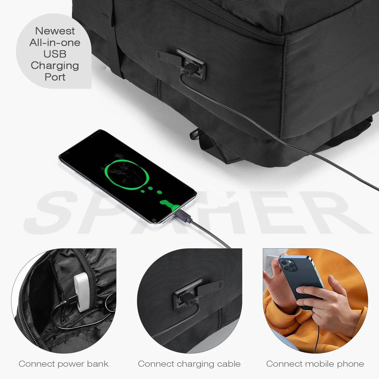 SPAHER Plecak Podróżny 40x30x20cm Wizzair Vueling na Laptopa 15,6 Cala Czarny