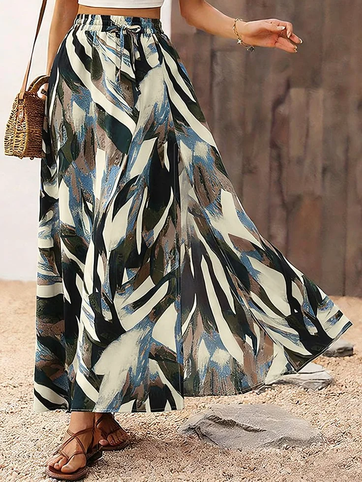 Spódnica damska, długa, elegancka spódnica maxi z nadrukiem, letnia spódnica z rozcięciem, linia A, letnia spódnica maxi, elastyczna, wysoka talia, spódnica plażowa, spódnica rekreacyjna
