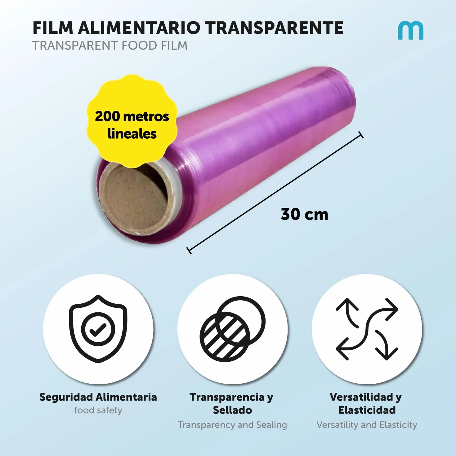Film Transparente Alimentario, Film Transparente, Papel Film para Alimentos, Film Transparente PVC Resistente, Rollo Film Cocina 30cm x 200m, Film Industrial Cocina · m-office (30x200, 1u)