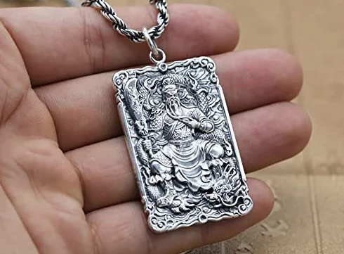 S925 Srebrny męski wisiorek, Wu Caishen Guan Gong Amulet Naszyjnik Wisiorek Tajski Srebrny Retro Męski Dominujący Amulet Łańcuch Wisiorek, (łańcuszek nie jest wliczony w cenę) (S925 Srebro