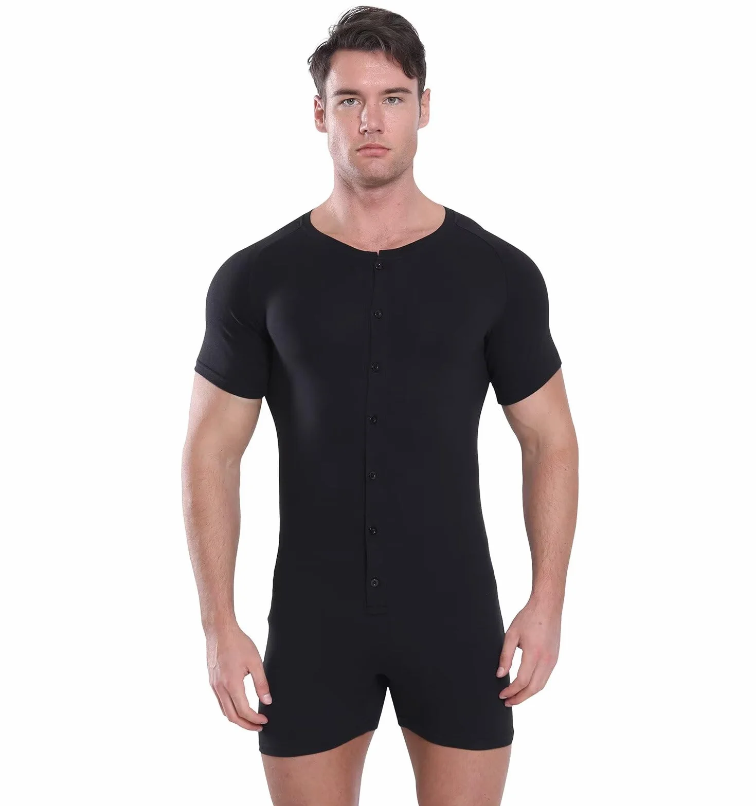 Landofgenie Mężczyźni Onesie Krótki Rękaw Bodysuit One Piece Pidżama Rompers Dolna Koszula Krocza