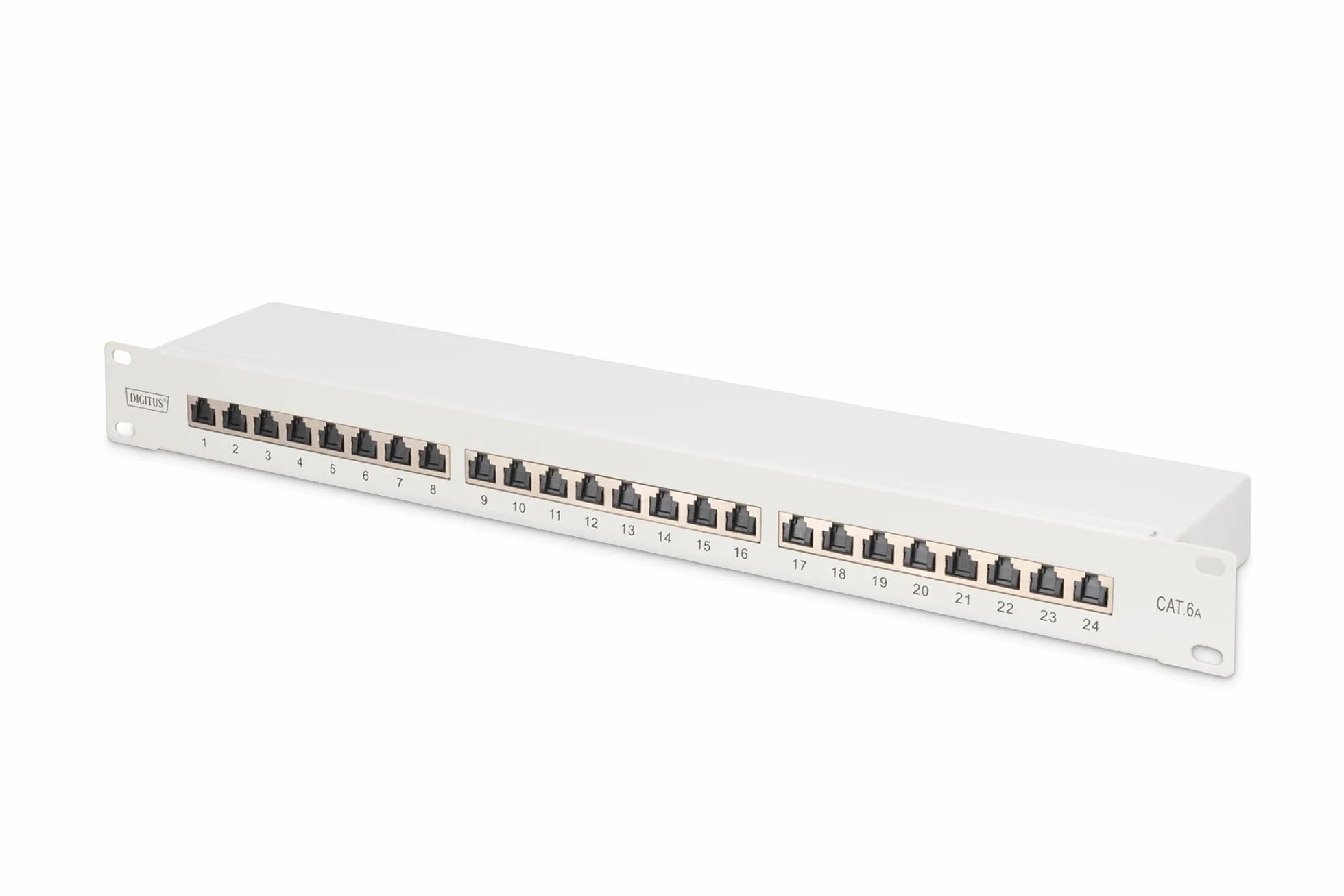DIGITUS Panel krosowy - 19 cali - Cat-6A - 24 porty RJ45 - ekranowany - LSA - montaż w szafie rack 1U - szary