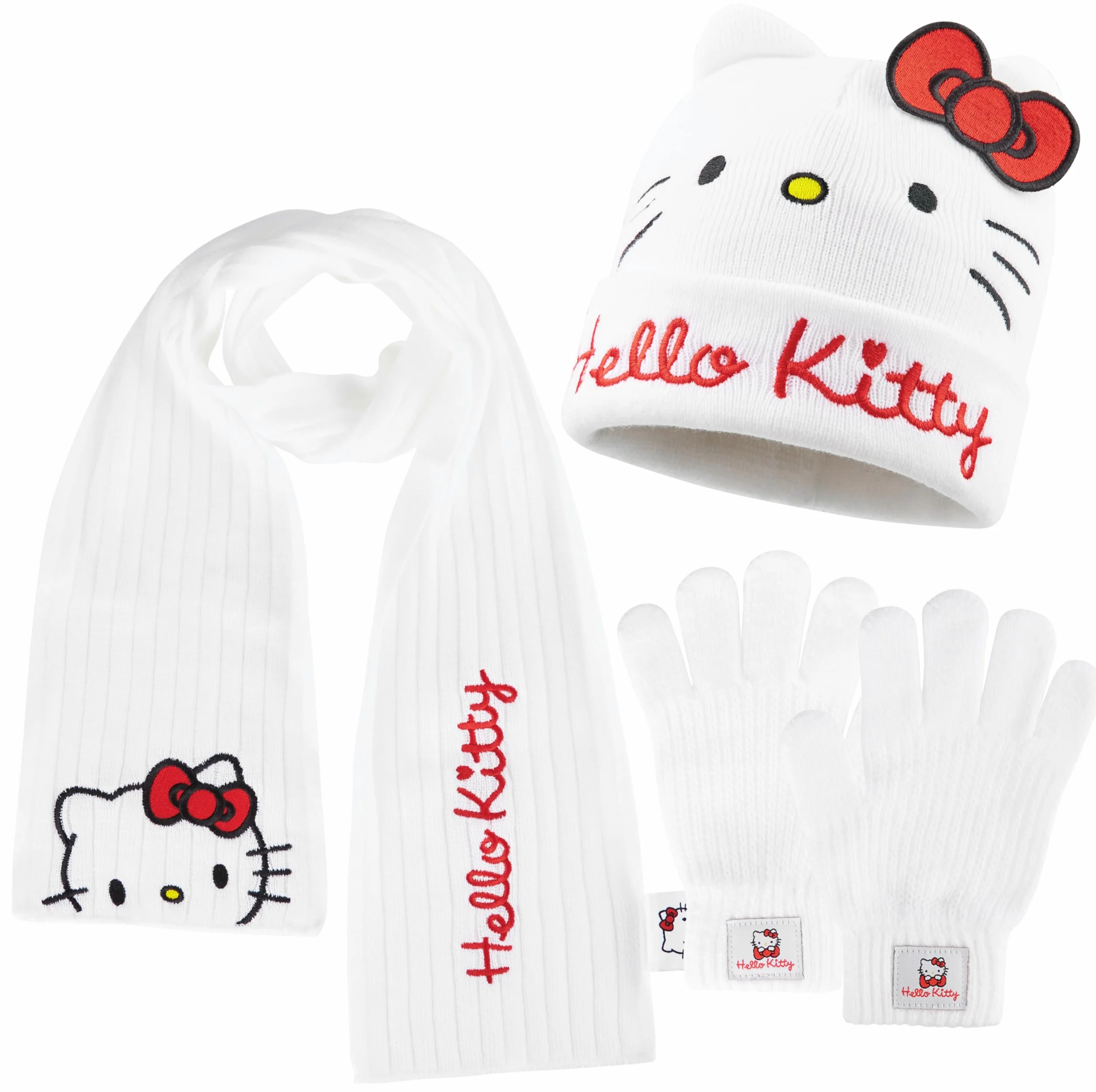 Hello Kitty Zimowy zestaw akcesoriów dla dziewcząt, nastolatków, przytulny 3-częściowy zestaw szalików i rękawiczek – prezenty dla dziewcząt, biały/różowy, Rozmiar uniwersalny