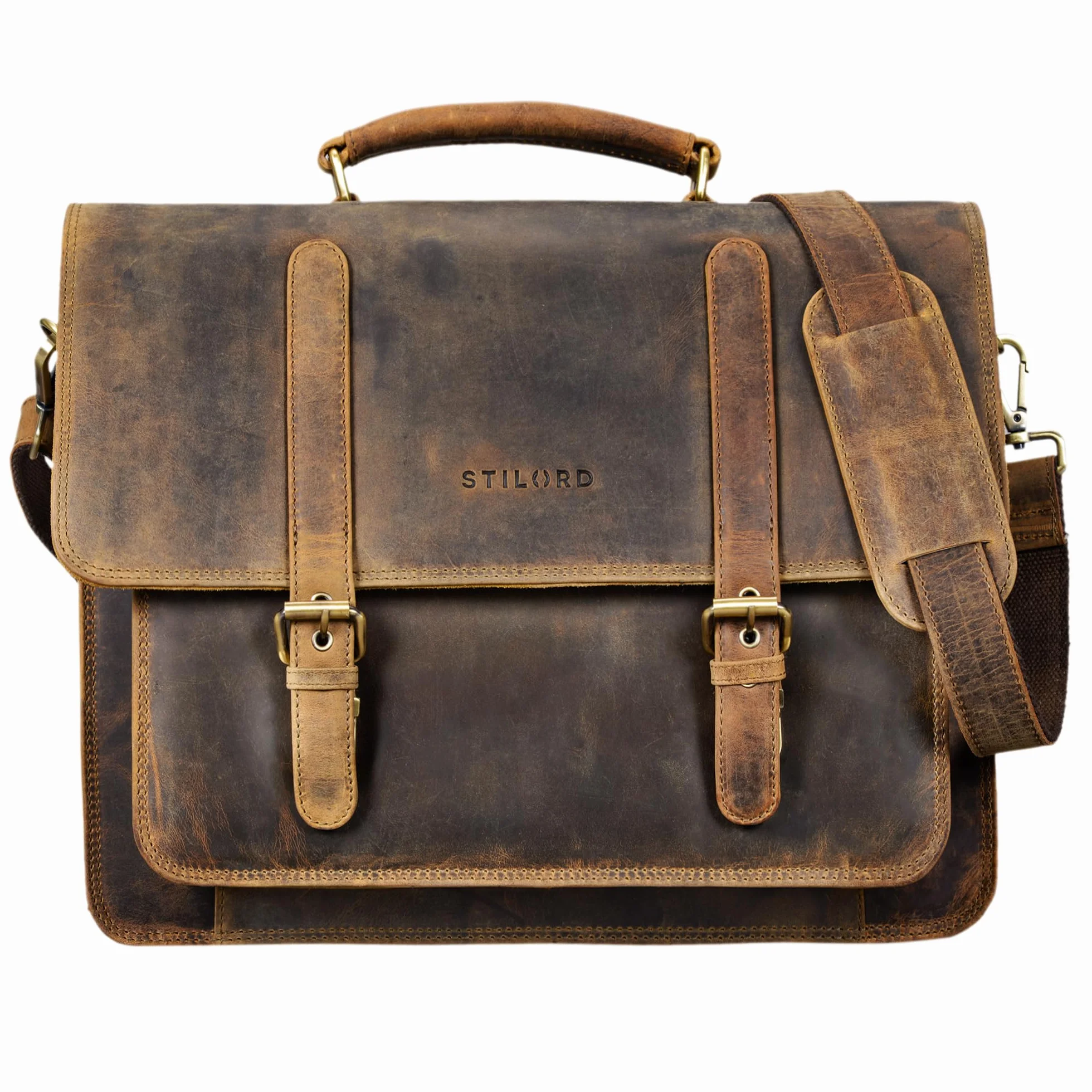 STILORD "Andro" teczka nauczycielska skórzana vintage torba na ramię z 14-calową przegrodą na laptopa torba biznesowa na szerokie pliki DIN A4 prawdziwa skórzana teczka Kolor:średni brąz