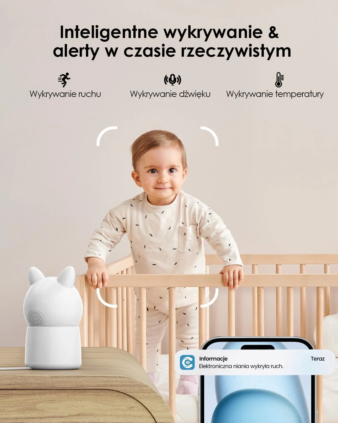 CZEview Elektroniczna niania 5,5" z kamerą i aplikacją, 2 K HD, lampka nocna, noktowizor, WLAN, wideo, elektroniczna niania, muzyka, wykrywanie ruchu, hałasu i temperatury (Biały)
