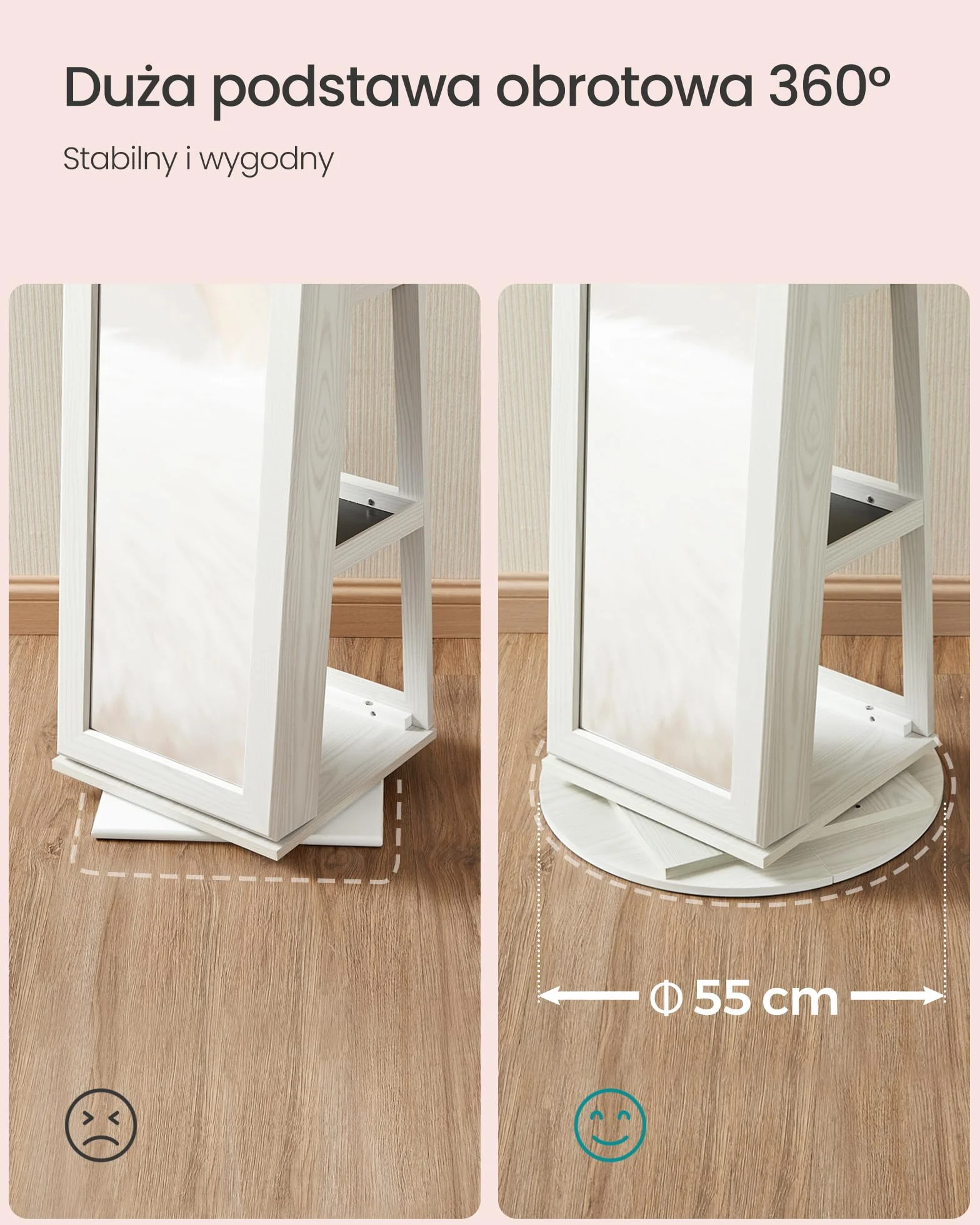 SONGMICS Szafka na biżuterię Szafka z lustrem 360 ° Obrotowa Zamykana szafka na biżuterię 3 w 1 z zamkiem na półki lustrzane Biała z szarym słojem drewna JBC62W