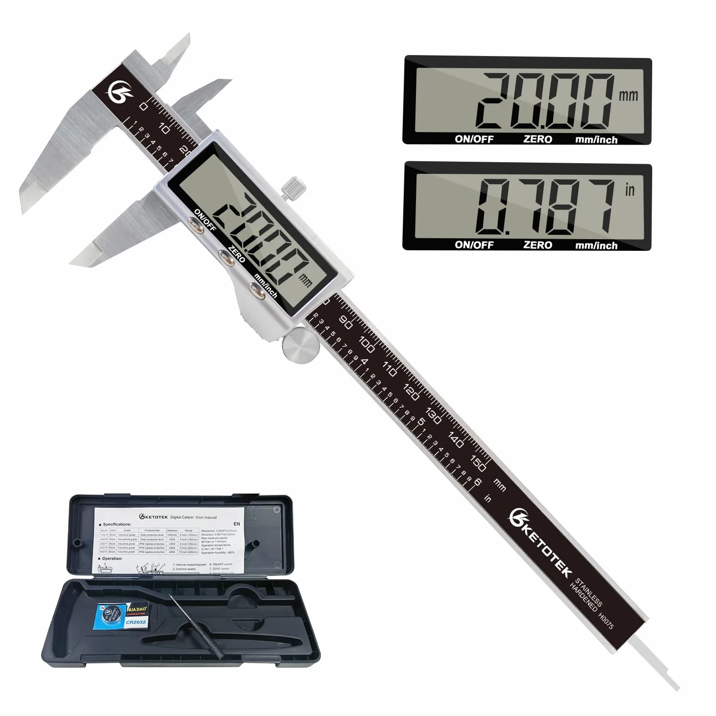 KETOTEK Cyfrowa suwmiarka ze stali nierdzewnej, 150 mm, narzędzie pomiarowe, wyświetlacz LCD, suwmiarka z zapasowymi bateriami, do domu, przemysłu, dla majsterkowiczów