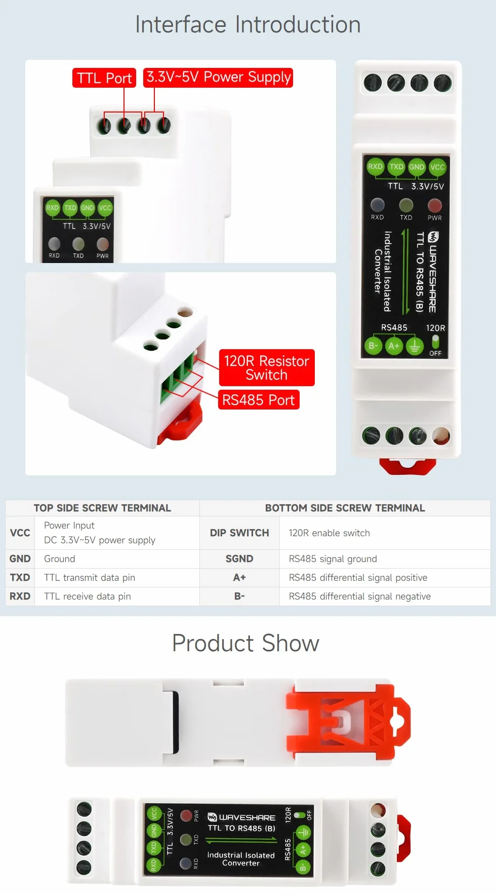 Waveshare Rail-mount TTL To RS485 Galvanic Isolated Converter 600W Lightningproof & Anti-Surge Multi-Isolation Protectio Longer Transmission Distance