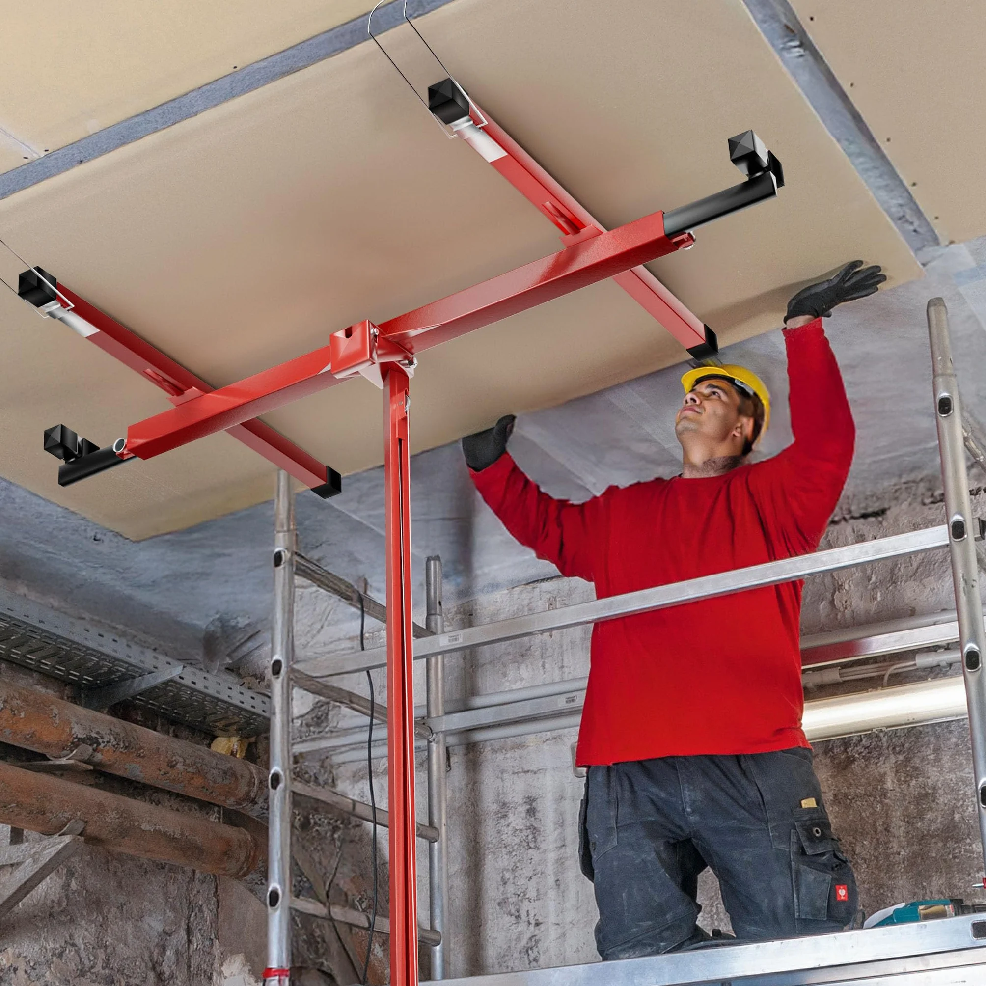 Przedłużenie Wiltec 140 cm do podnośnika do płyt XXL do maks. 68 kg, pomoc montażowa do płyt gipsowo-kartonowych, podnośnik do płyt gipsowo-kartonowych z 3 kółkami, czerwony