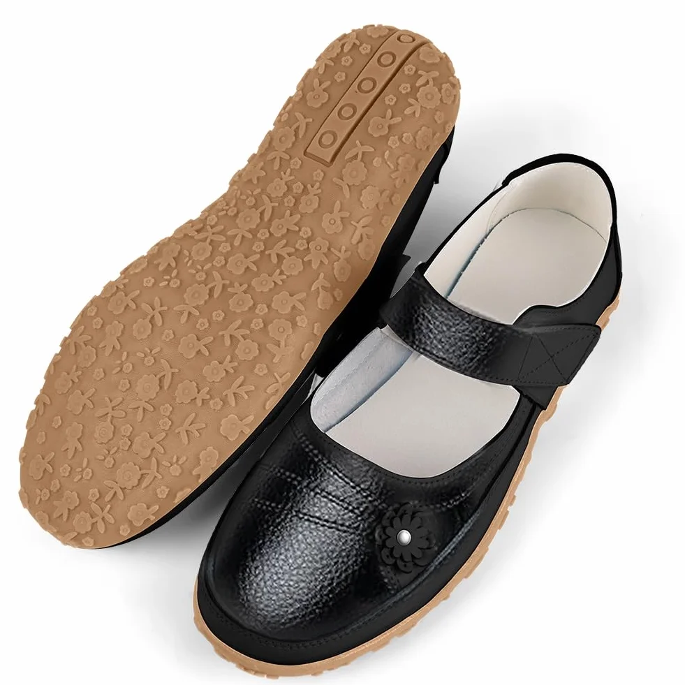 OFFCUP Damskie skórzane buty Mary Jane, damskie płaskie buty o szerokim kroju, kwiecista podeszwa z rzepem do chodzenia na co dzień sandały buty, buty pielęgniarskie do pracy biura, rozmiar 36/6,5/7