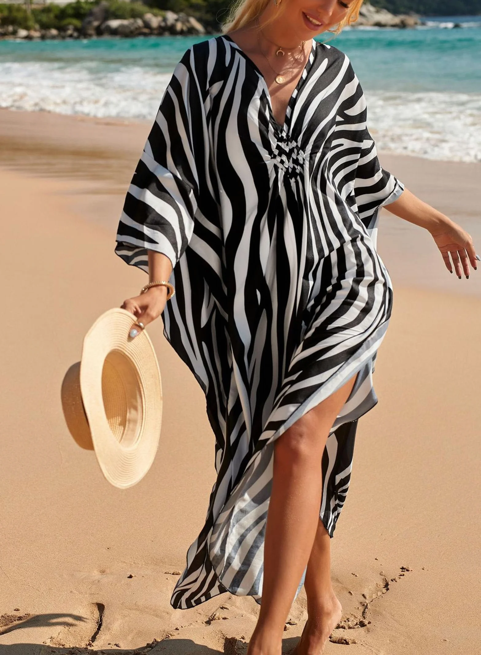Baynetin Damska sukienka plażowa maxi boho ponczo kaftan rozmiar uniwersalny