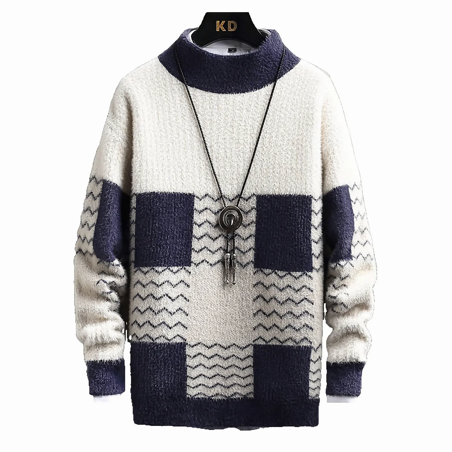 Wąski sweter męski sweter z golfem jesień/zima moda kontrastowy kolor ciepły długi rękaw miękki dzianinowy