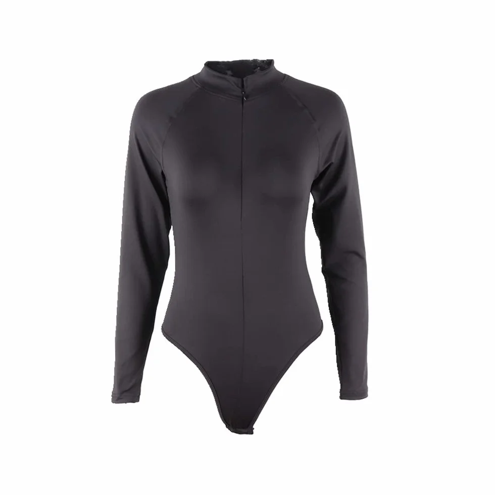Damskie body z długim rękawem, kombinezon z długim dekoltem, elastyczny trykot, zawijany na zamek błyskawiczny z przodu, slim fit, top, jednokolorowy, casualowy, streetwear