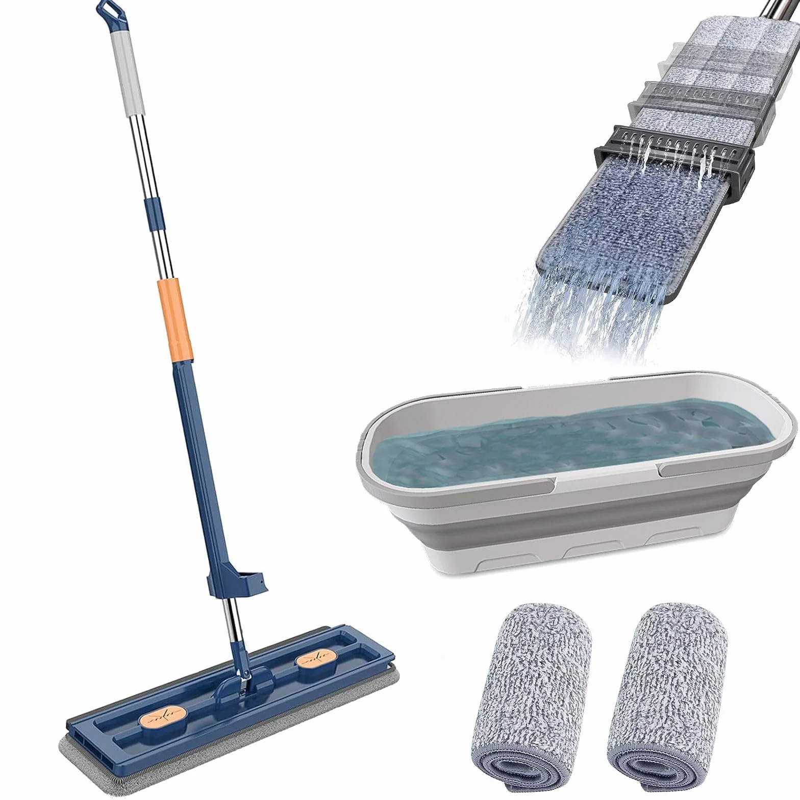 Pure Clean Magic Mop, duży płaski mop z funkcją wykręcania i wkładkami z mikrofibry wielokrotnego użytku, zestaw do mycia podłogi Pure Clean (składany pojemnik na mop, niebieski)