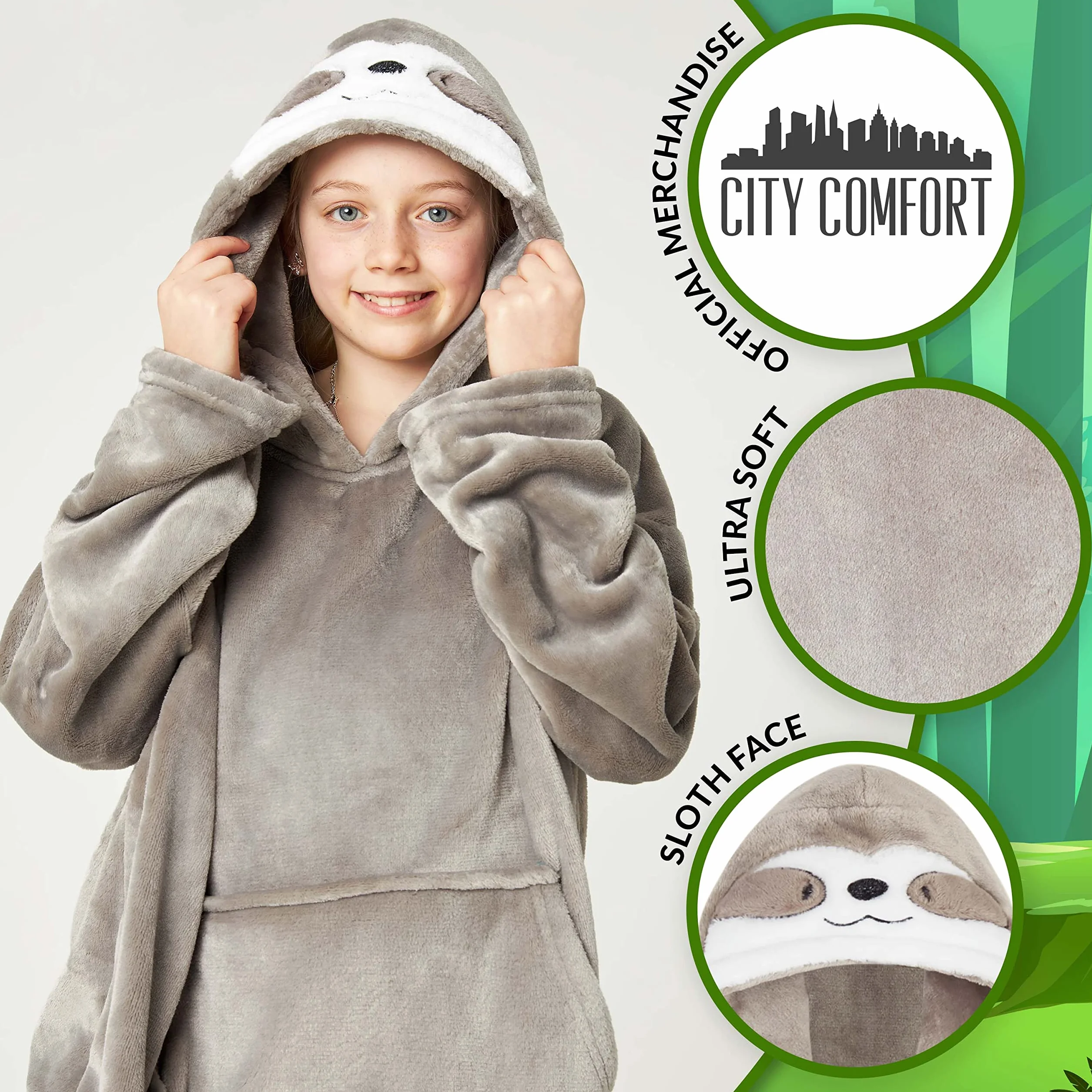 CityComfort Bluza z kapturem dla dziewcząt i nastolatków, koc z nadrukiem leniwca, polar do noszenia, ciepła bluza oversize z kapturem w kamuflażu z wygodnym kapturem Sherpa, odzież domowa, prezenty