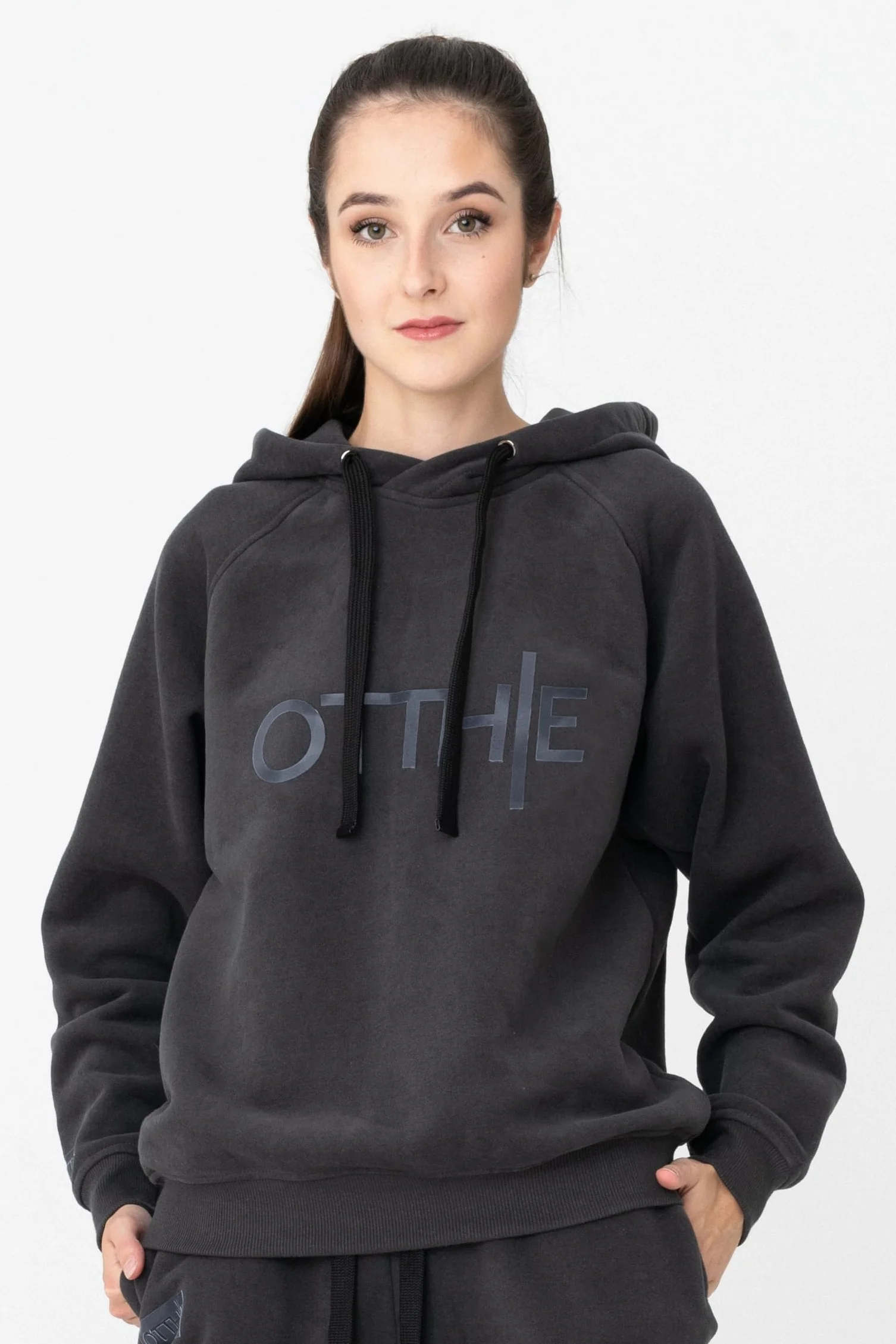 Women's zestaw dresów treningowych z kapturem z dekoracyjnym logo, kolor szary, rozmiar L, szary, L