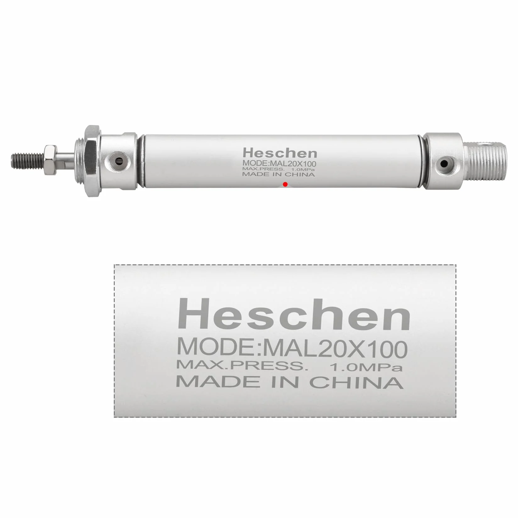 Heschen Smukły pneumatyczny cylinder pneumatyczny, MAL 20-100, otwór 20 mm, skok 100 mm, dwustronny, port PT1/8 cala, metal, 145 PSI