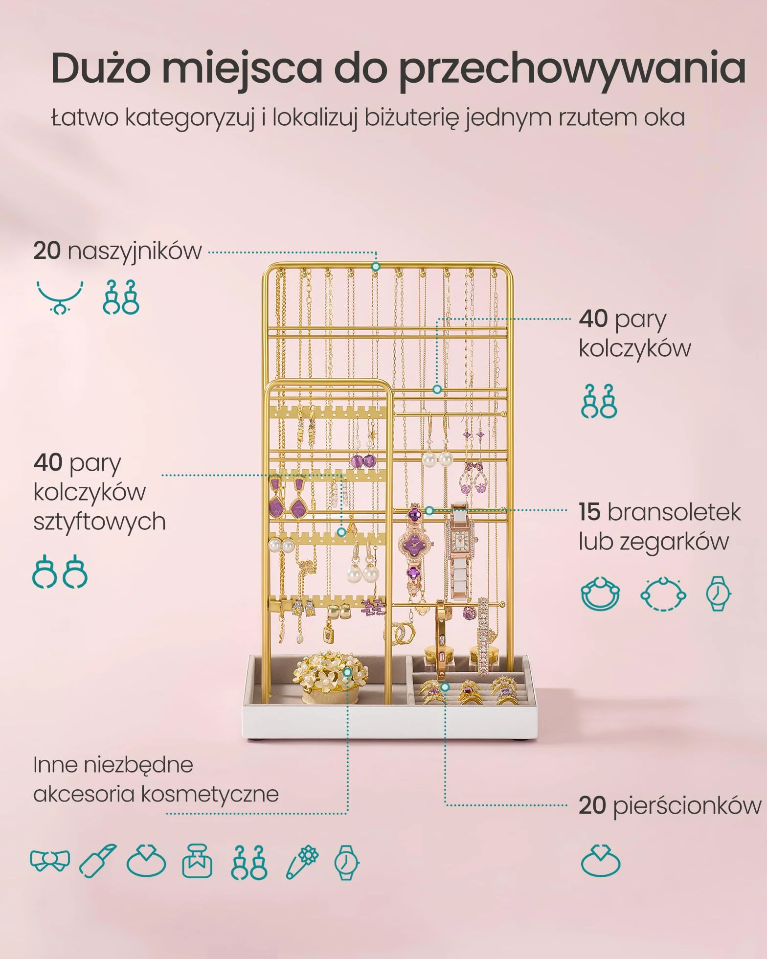 SONGMICS Stojak na biżuterię, metalowa rama, aksamitna tacka na biżuterię, przechowywanie biżuterii na naszyjniki, bransoletki, kolczyki, sztyfty i pierścionki