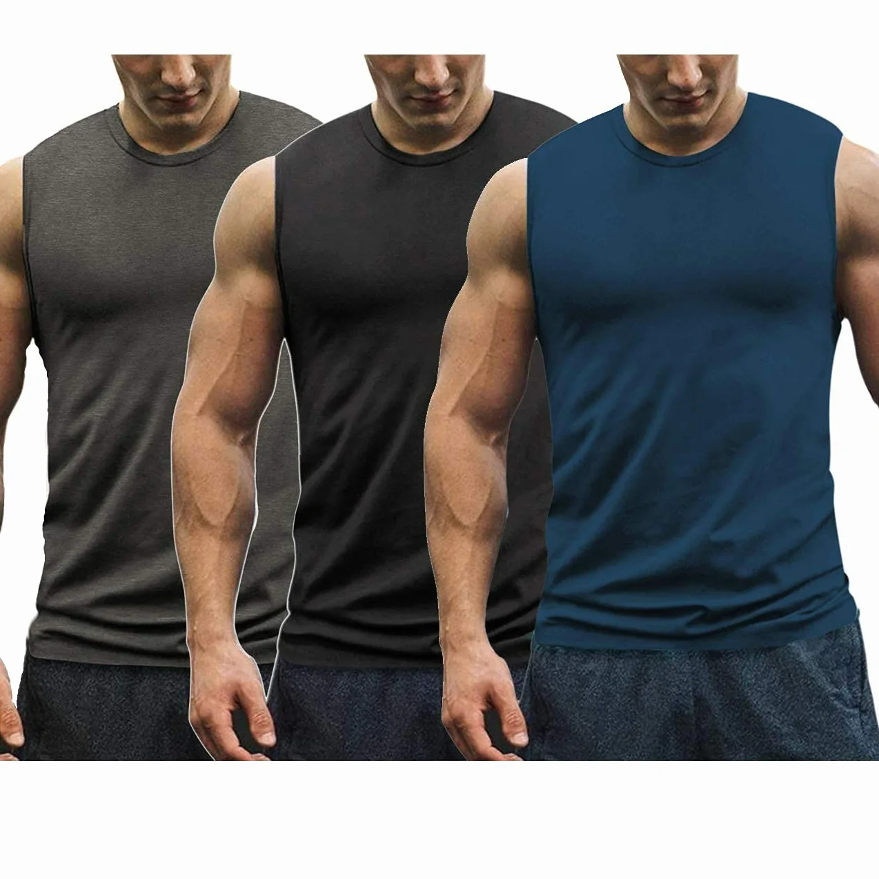 COOFANDY Męski podkoszulek, 3 szt., bez rękawów, podkreślający mięśnie, sportowy, fitness, okrągły dekolt