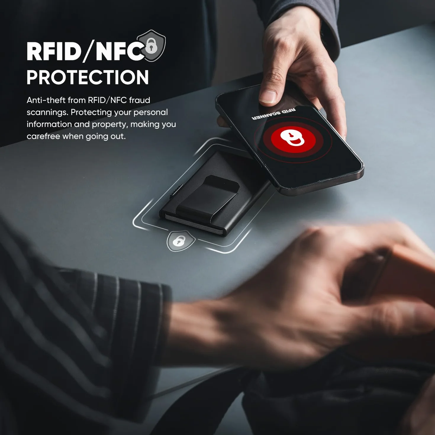 VULKIT Etui na karty dla mężczyzn, etui na karty kredytowe, RFID, blokowanie pop-up, etui na karty, minimalistyczny portfel, smukły portfel RFID, Czarny z klamrą do pieniędzy, Einheitsgröße