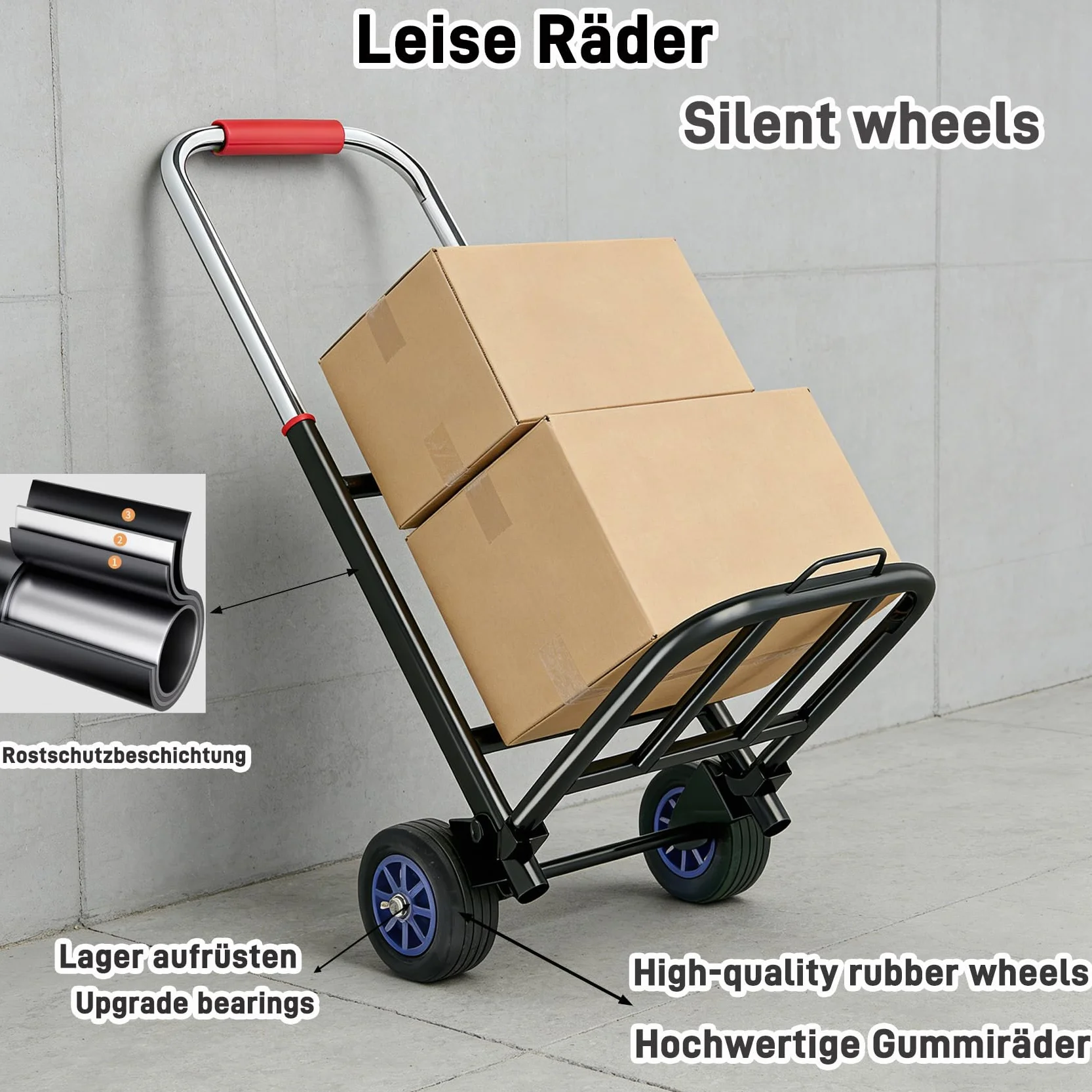 Składany wózek transportowy z nierdzewnej stali & z regulacją wysokości (69-103 cm) – wózek transportowy o udźwigu 80 kg i 10 cm cichych gumowych kół, stabilny i oszczędny pod względem przestrzeni dla