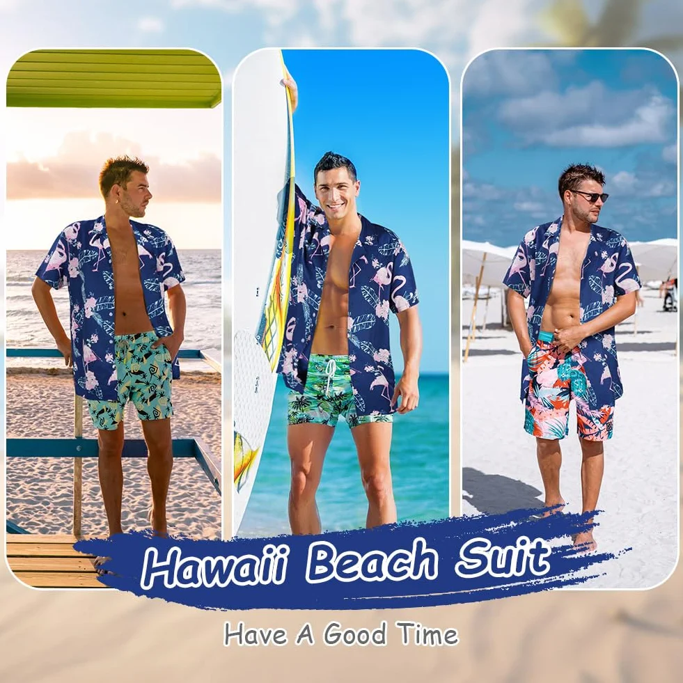 Aomig Funky męska koszula hawajska, 2 szt. zestaw hawajski męski z krótkim rękawem i szortami, casualowa koszulka Aloha z nadrukiem flamingów, hawajskie tropikalne letnie wakacje na plaży koszulki