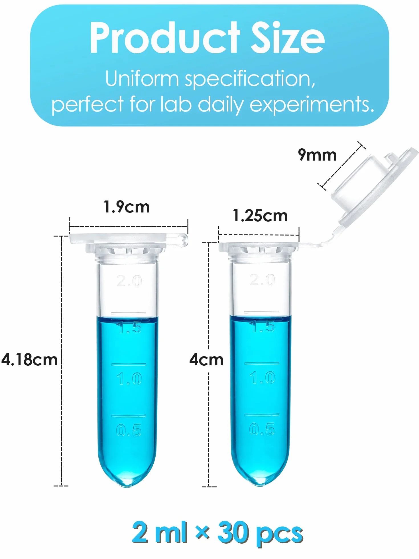 30 sztuk probówek 2 ml, plastikowe rurki wirówkowe z tworzywa sztucznego, naczynia reakcyjne, stożkowe rurki mikrowirówkowe, przezroczyste kapsułki, puste do laboratorium, próbek