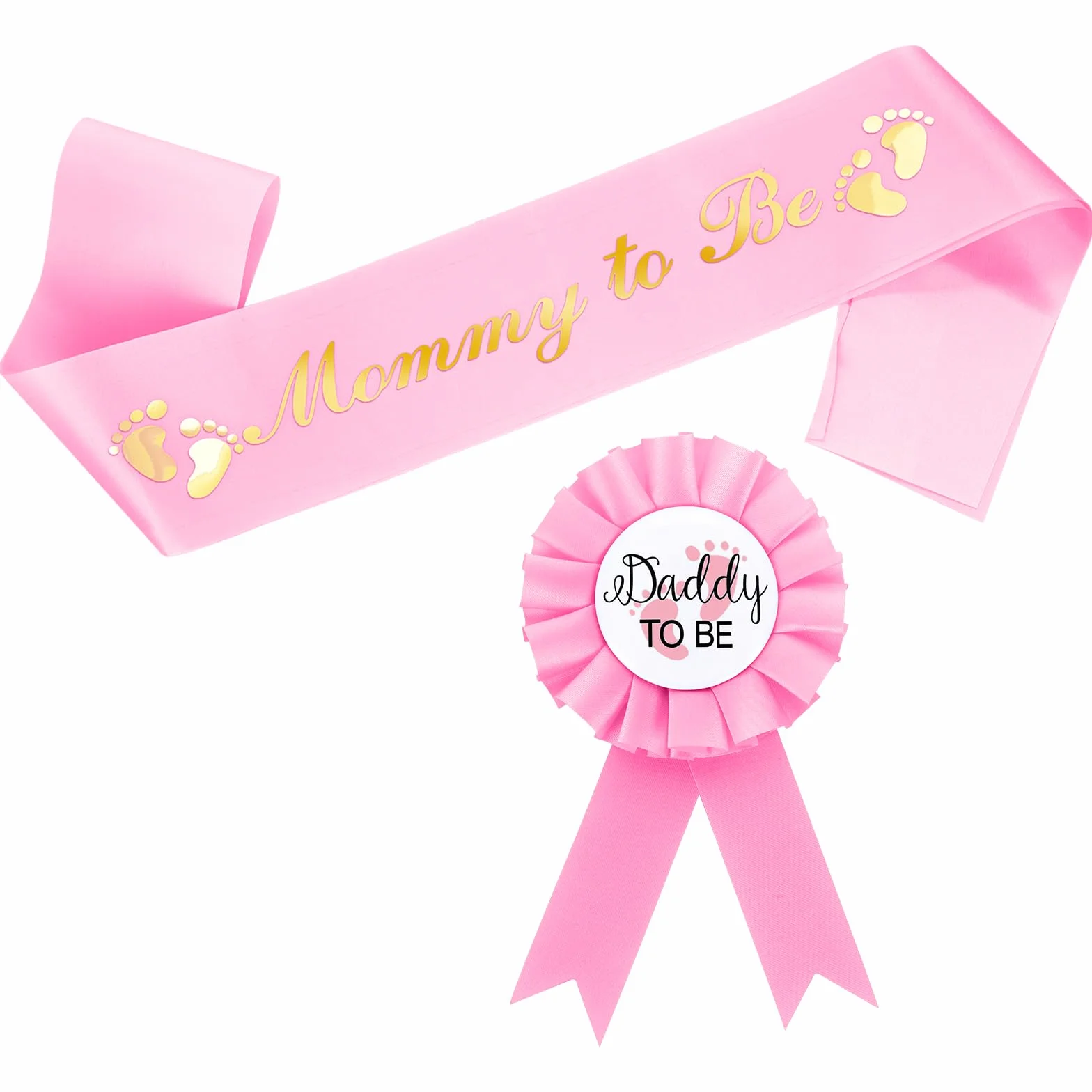 Szarfa 'Mom to Be' ze złotymi brokatowymi literami i odznaką 'Expecting Dad' w zestawie ze wstążką, dekoracje na baby shower dla dziewczyny, prezent na imprezę ujawniającą płeć (różowy)