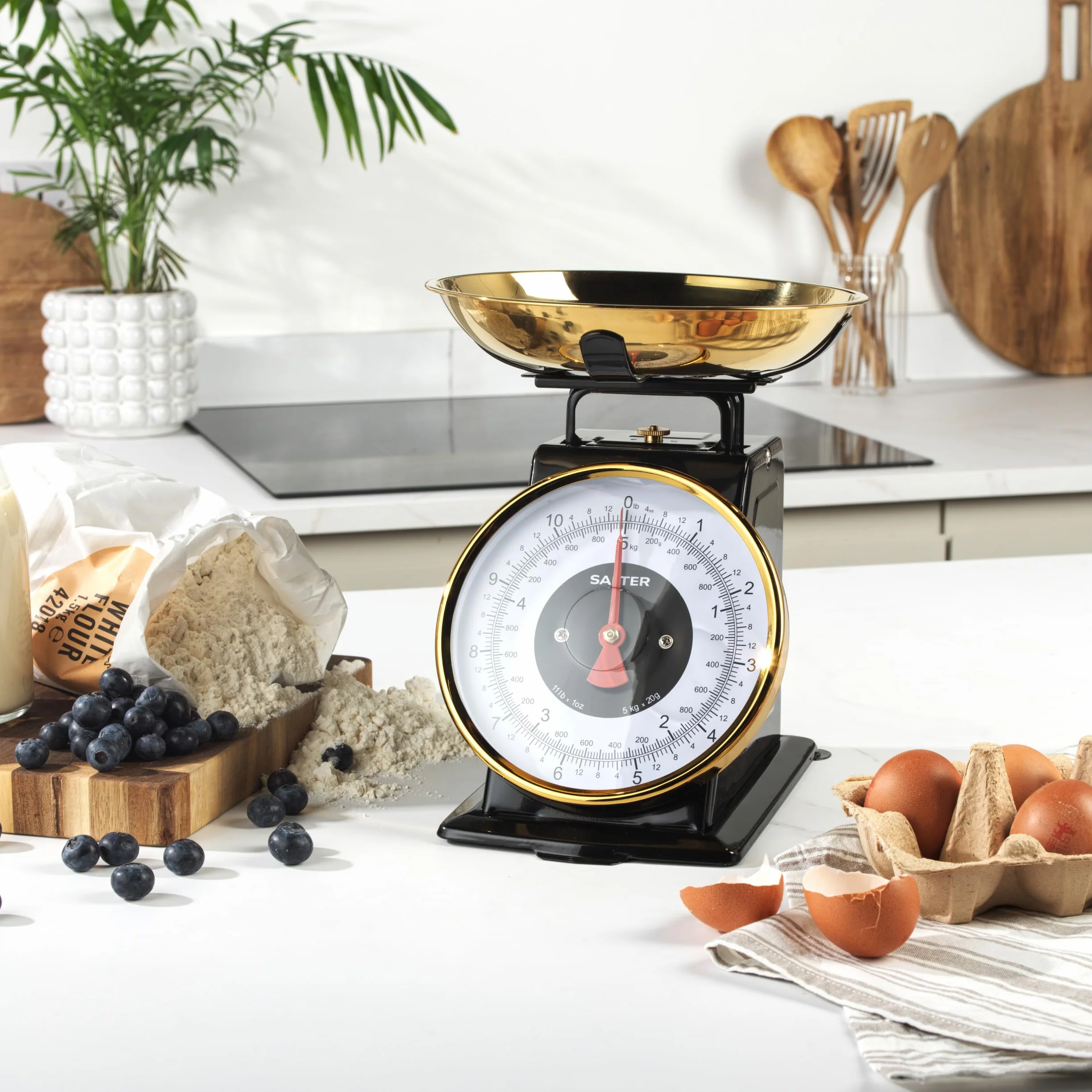 Salter Ponadczasowa waga kuchenna – mechaniczna waga do pieczenia, 5 kg, miska ze stali nierdzewnej 1 l, przyrost 20 g/1 funt, łatwe odczytanie dużych cyfr tarczy, wysokość 25 cm. Nie wymaga baterii
