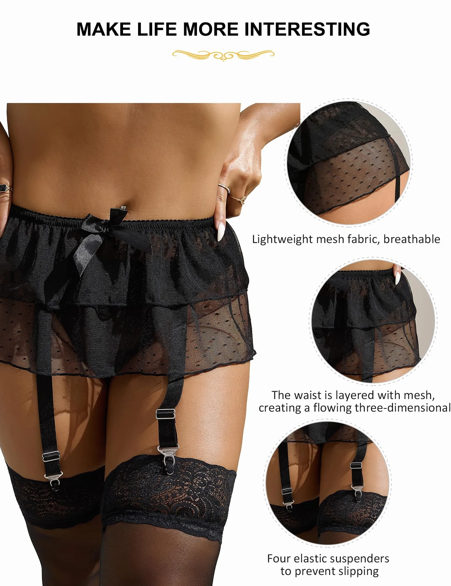 comeondear Damski koronkowy pas do pończoch z siateczki podwiązka mała spódnica plus size zestaw bielizny 4 regulowane paski stringi czarne UK 8-22