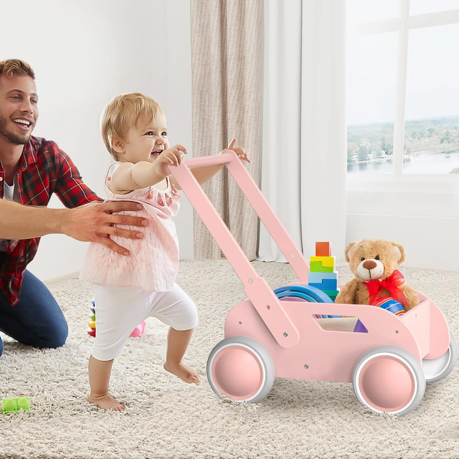 Drewniany wózek do nauki chodzenia dla chłopców i dziewczynek, wózek dziecięcy z drewna, Baby Walker z kółkami, prezent na urodziny, Boże Narodzenie, różowy