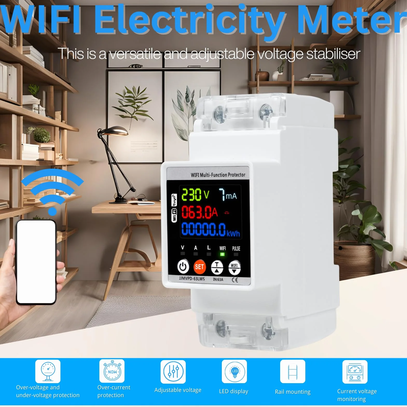 Jadeshay Stabilizator napięcia 220 V, 63 A 230 V, ochrona przeciwprzepięciowa WiFi na szynie DIN z kolorowym ekranem(WiFi)