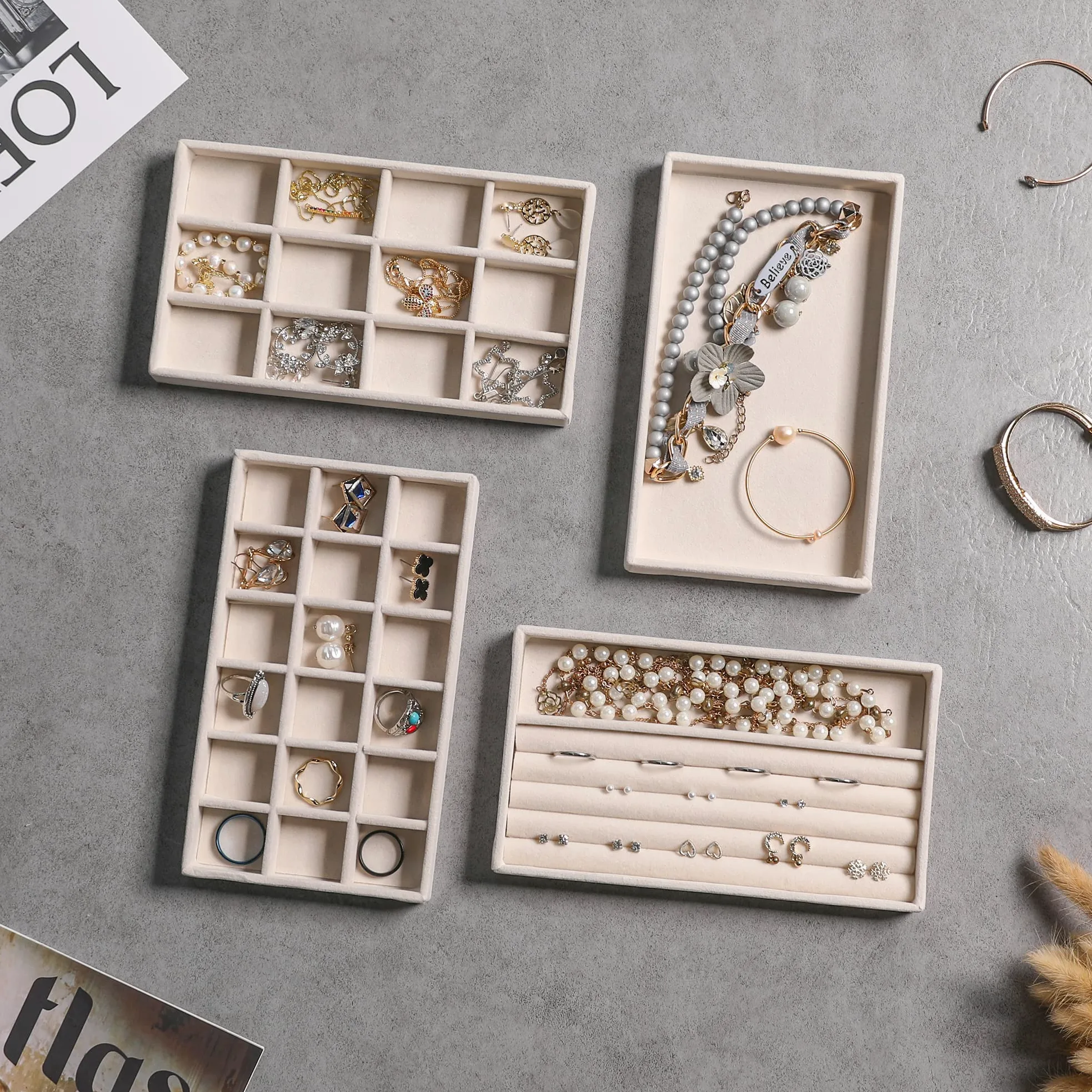 Frebeauty Jewelry Organizer Tray,Stackable Velvet Jewelry Trays,Drawer Inserts Earring Organizer For Women Jewelry Storage Display Case for Rings Stud Necklaces,Set of 9(Beige)