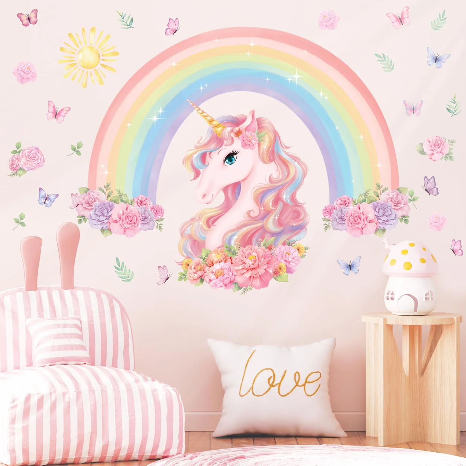 DECOWALL SG2-2413 duży tatuaż ścienny z tęczą i jednorożcem do pokoju dziecięcego, dekoracja do domu, sztuka, różowy, pokój dziewczynki, tęcza, sypialnia, kolorowe dekoracje, zwierzęta, pokój zabaw