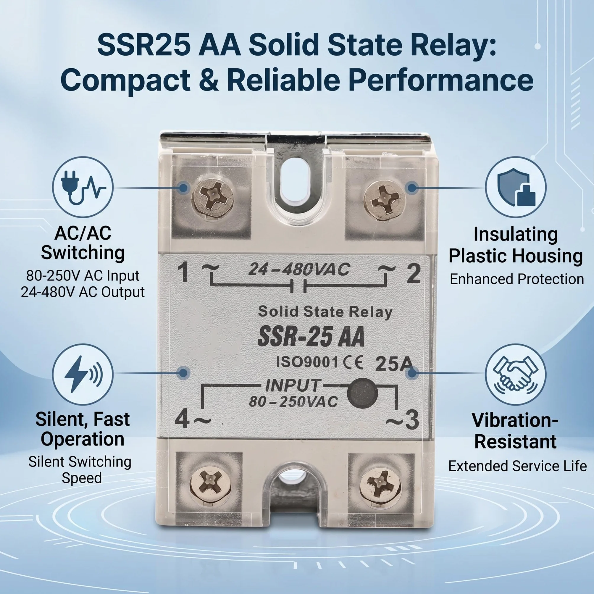 Przekaźnik Półprzewodnikowy 240 V AC, SSR-25 AA 25A Moduł Przekaźnika z Napięciem Wejściowym 90-250 V AC Wyjście 24-480 V AC
