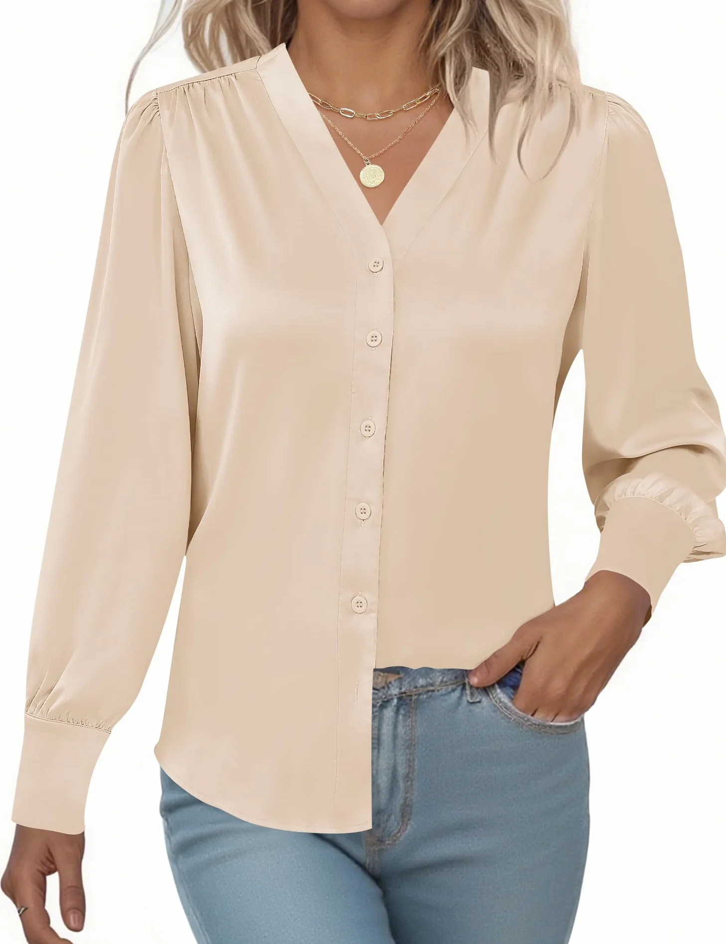 Damskie letnie koszule z długim rękawem Slim Shirts jednokolorowe wycięcie w kształcie litery V Basic Shirts Business Button-Down koszule
