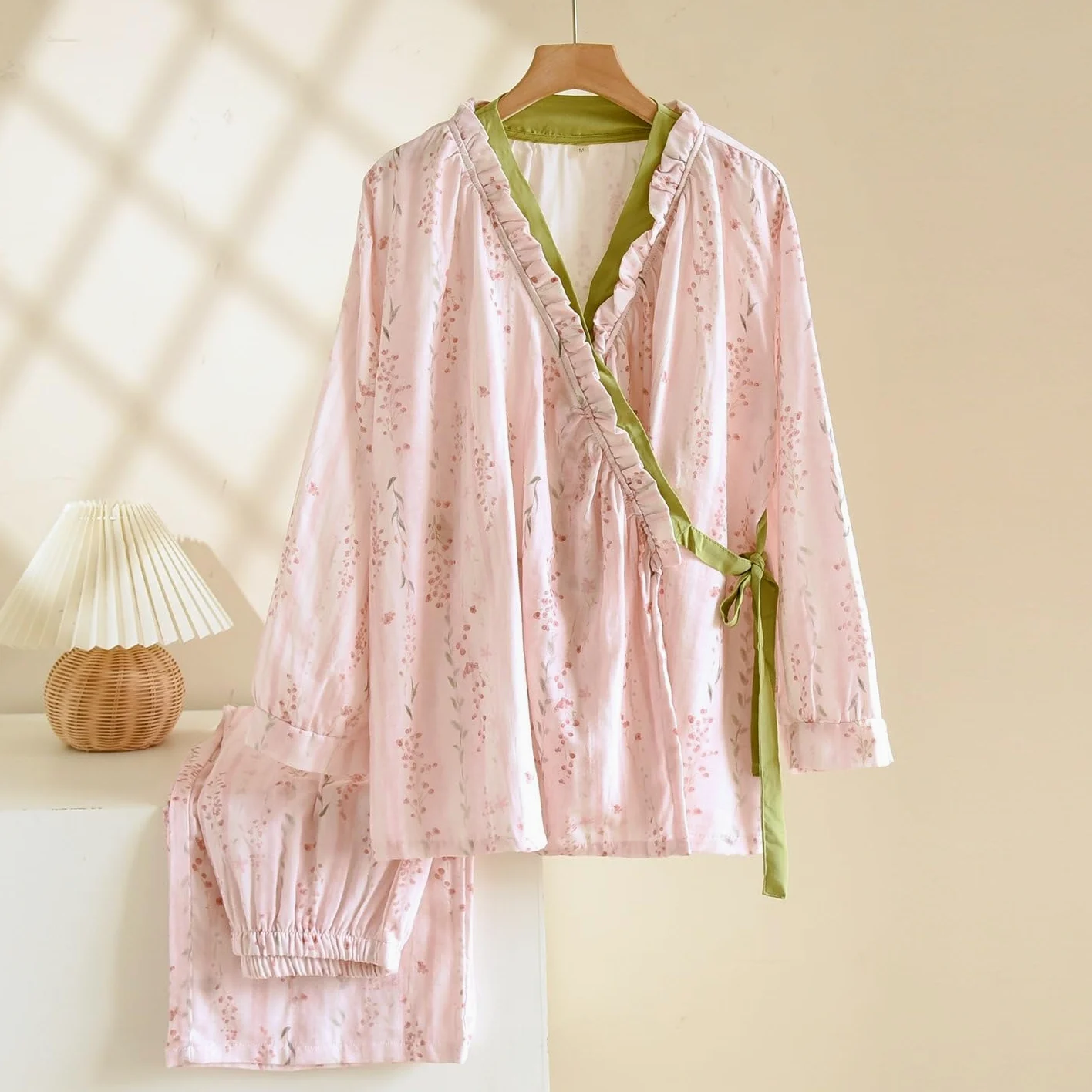 Japońskie kimono styl damska bawełniana piżama lekka bielizna nocna z długim rękawem